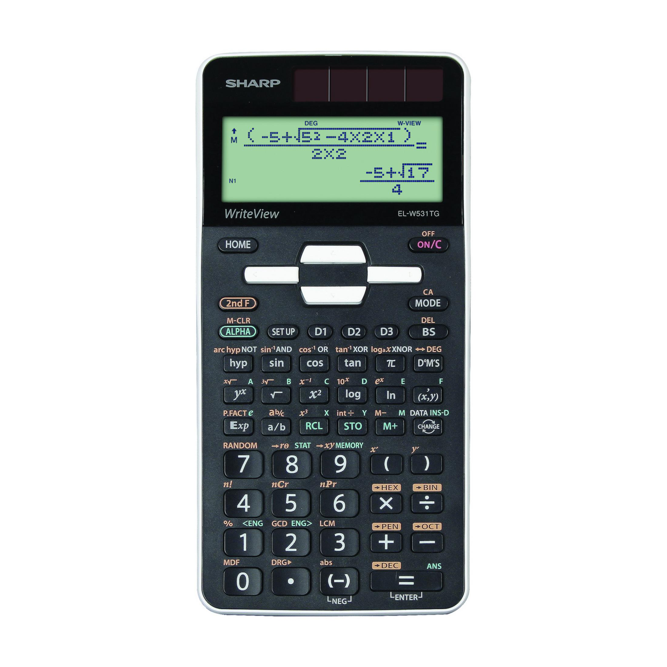 Ein schwarzer SHARP EL-W531TG Taschenrechner mit grünem Display, das eine mathematische Formel anzeigt.