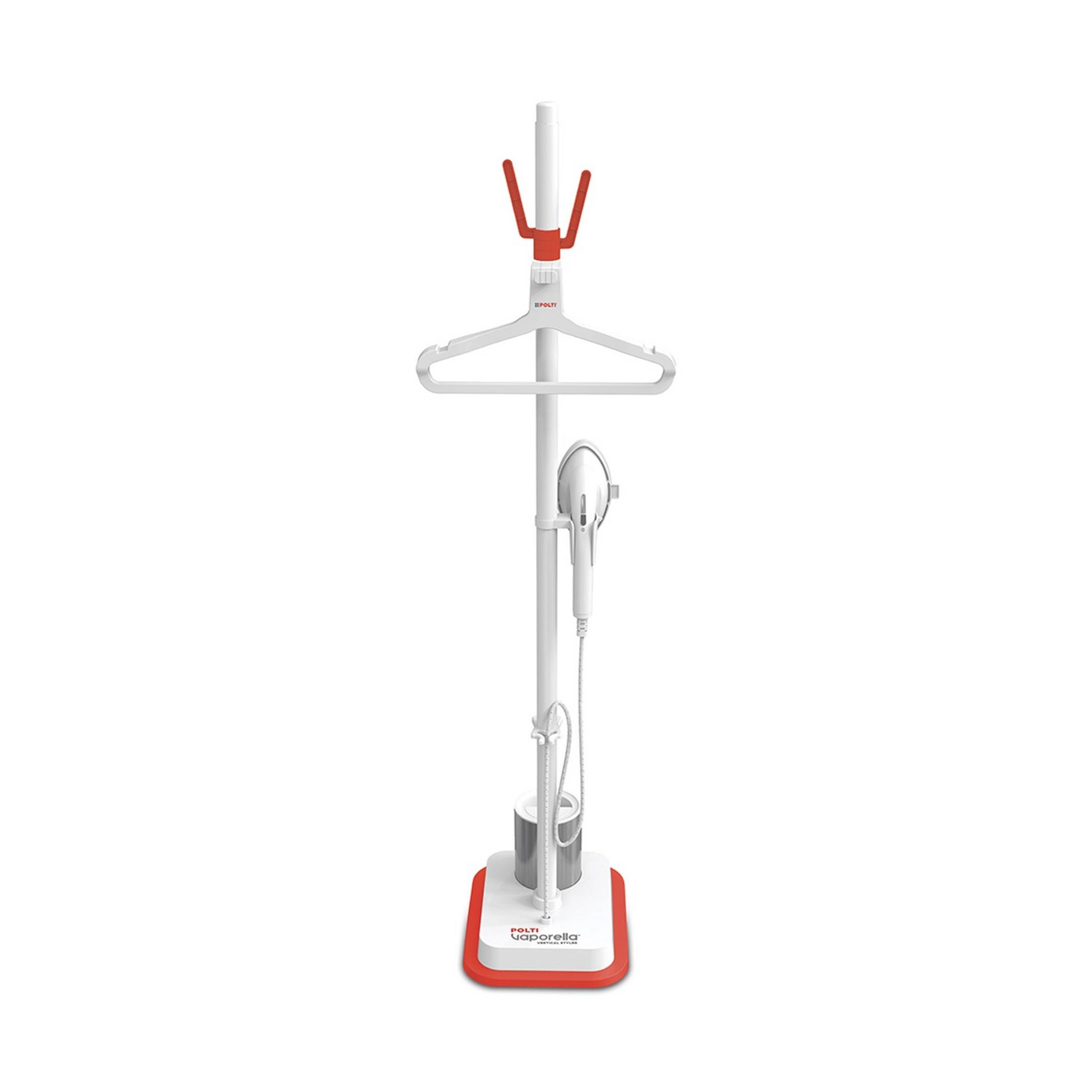 Un vaporizzatore bianco con base rossa e gruccia.