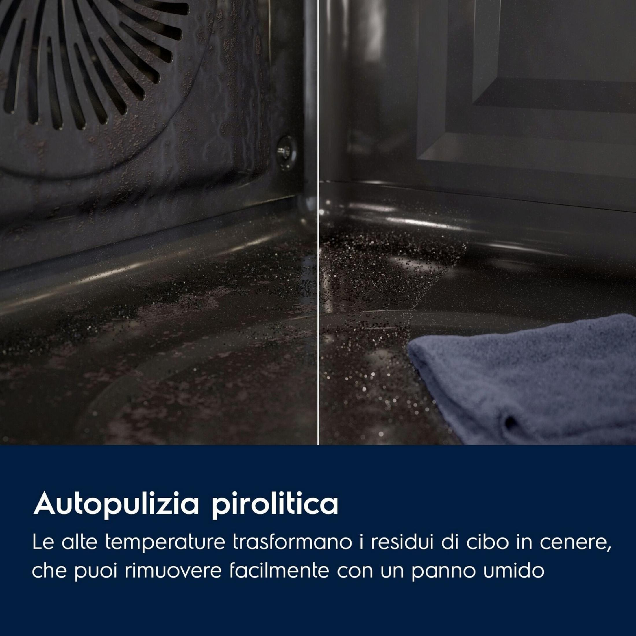 Interno del forno con sporco e un panno blu.