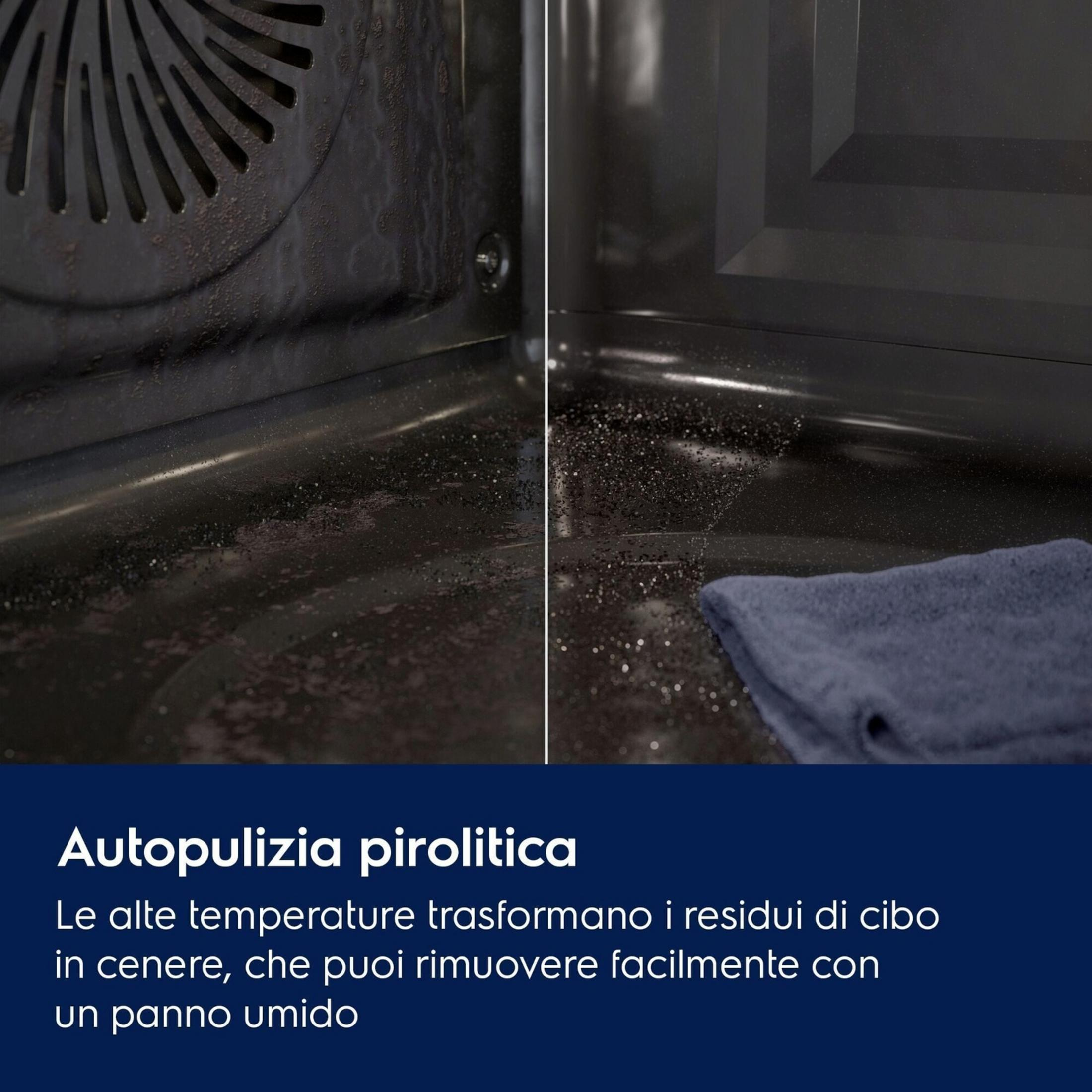 Interno di un forno con griglia del ventilatore e un panno accanto.