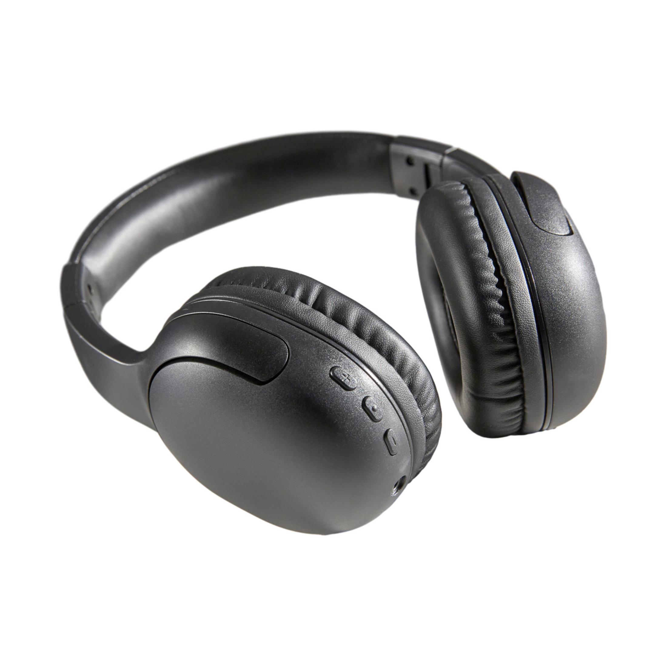 Auriculares negros supraaurales con almohadillas y botones de control.