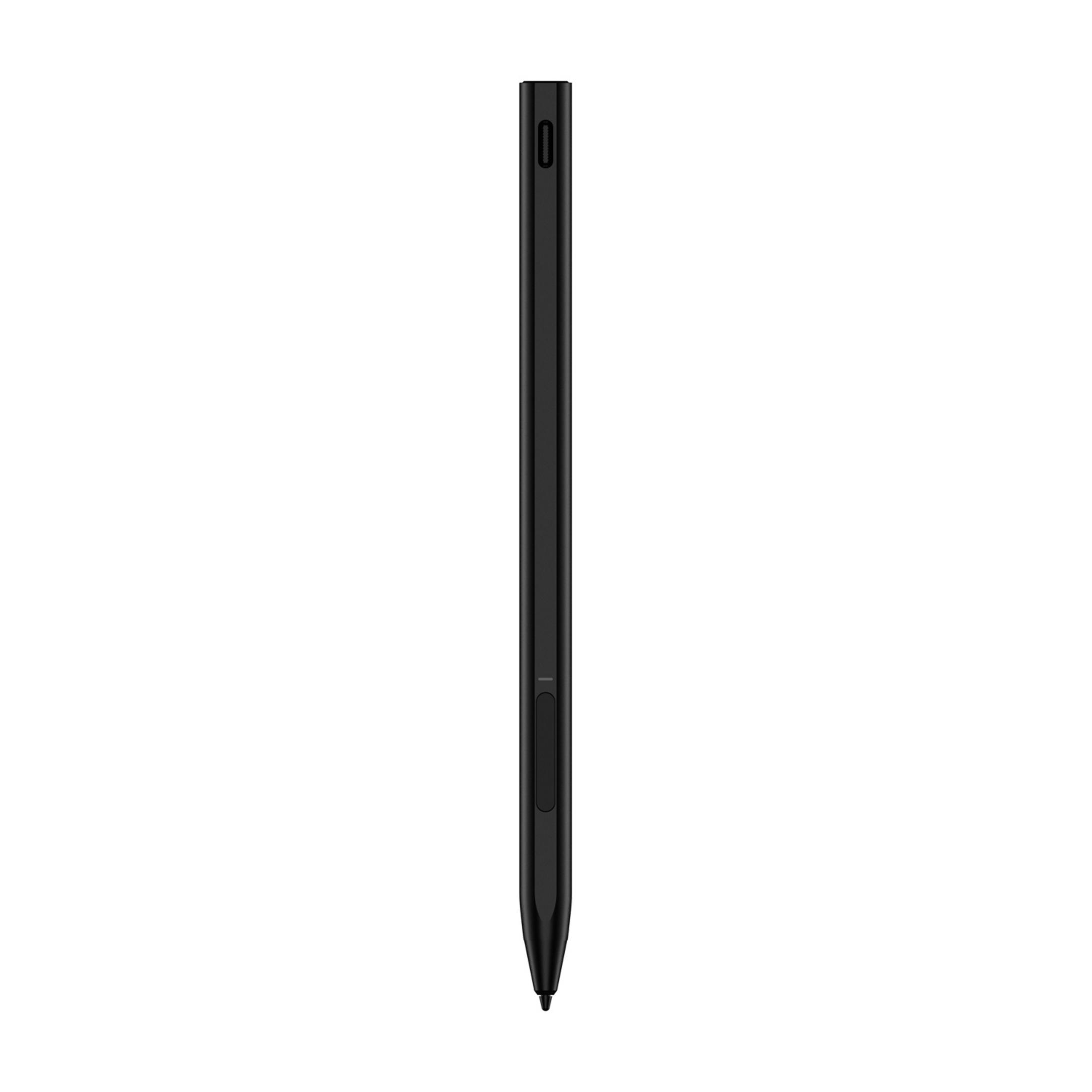 Un lápiz óptico negro con botón plateado, aislado sobre fondo blanco.