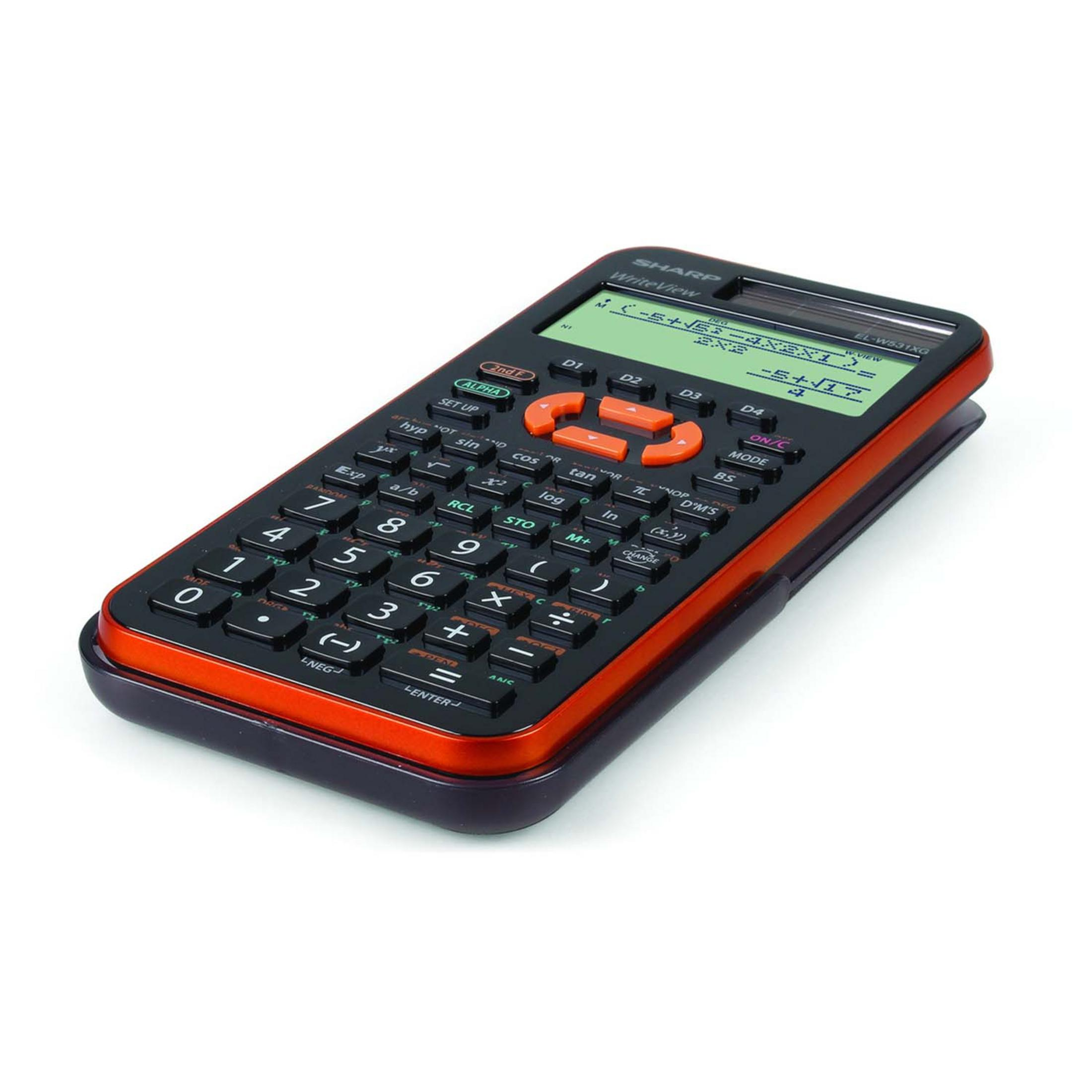 Una calculadora Sharp negra con botones naranjas y pantalla verde.