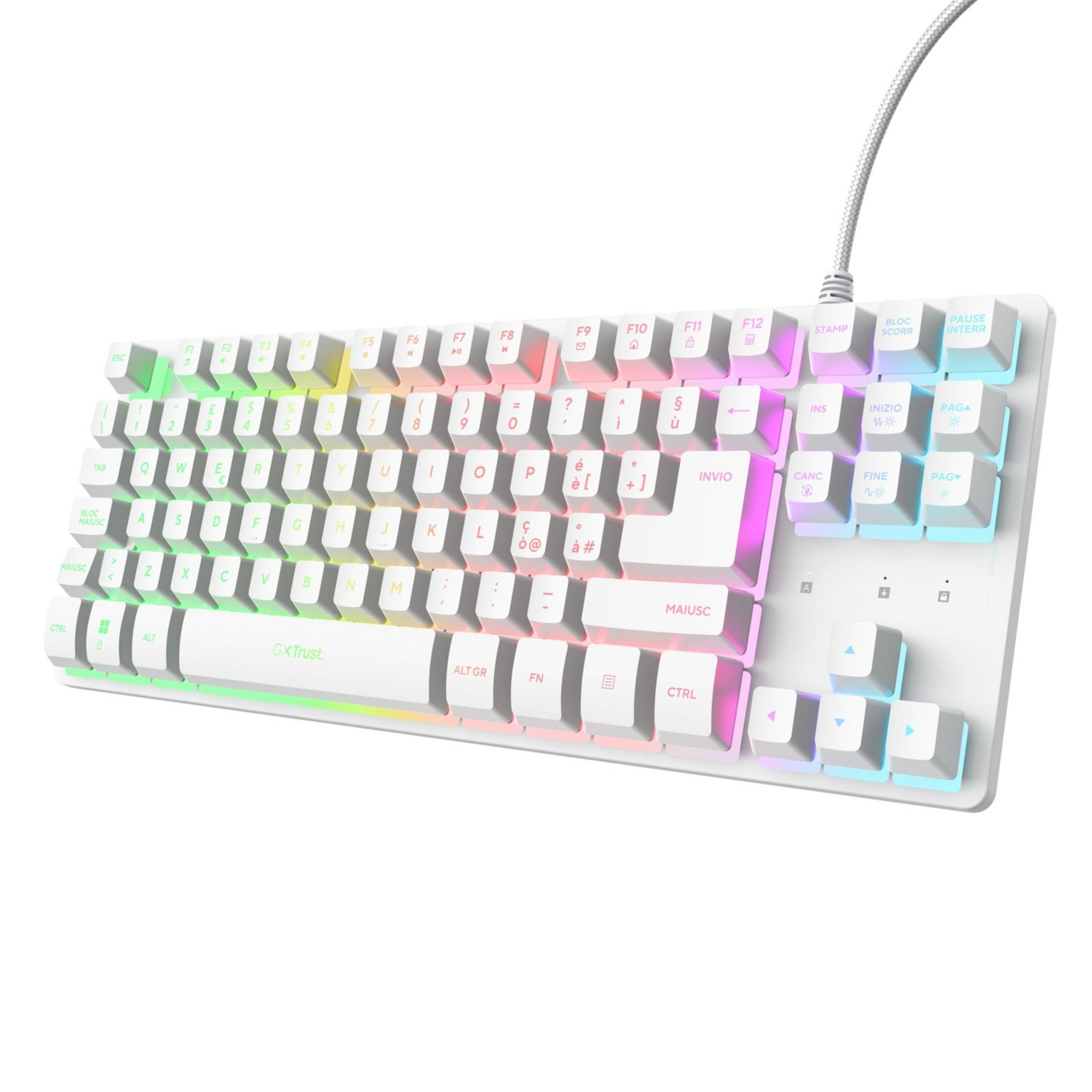 Un teclado blanco con iluminación RGB que va de verde a púrpura de izquierda a derecha.