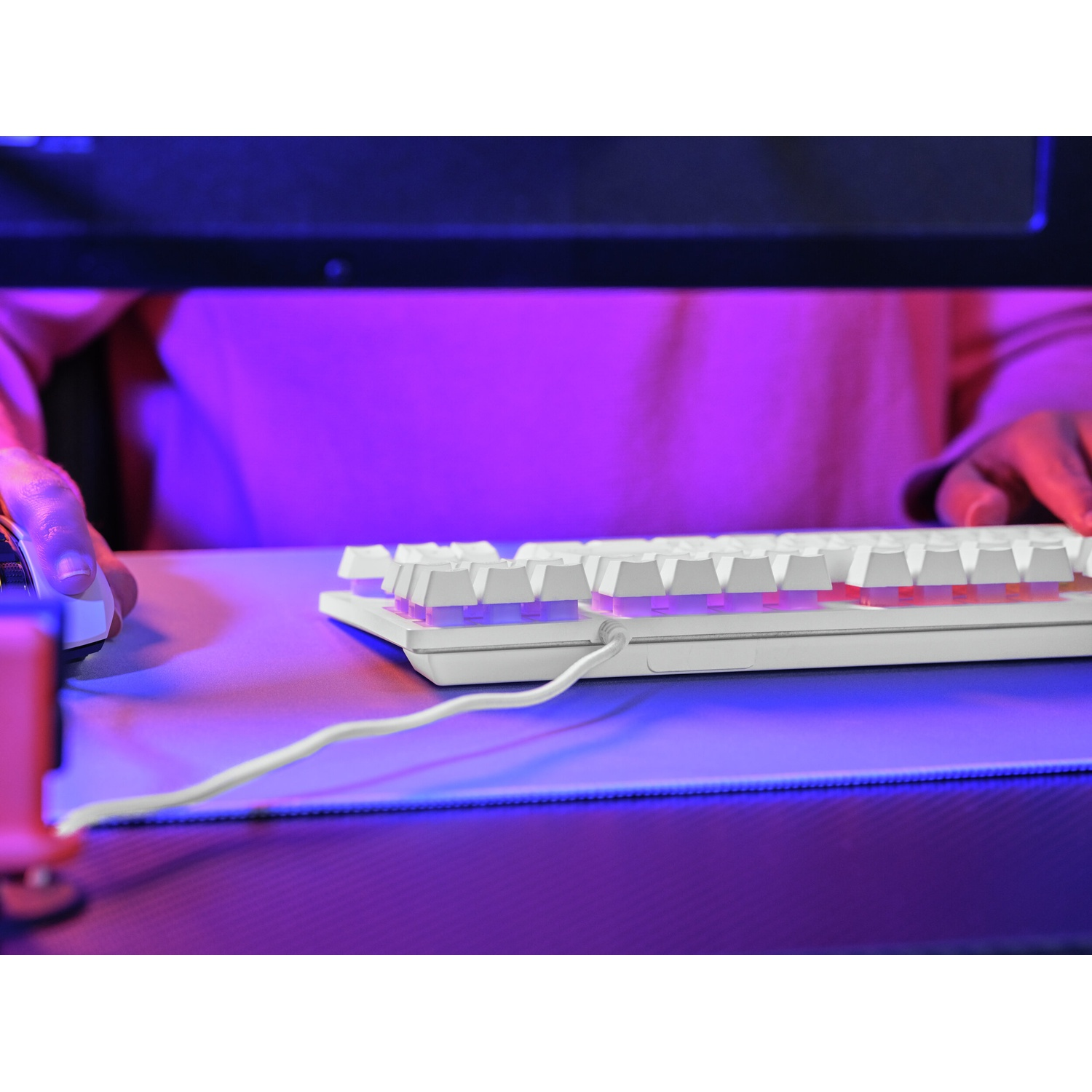 Una persona usa un teclado y ratón blancos con iluminación púrpura.