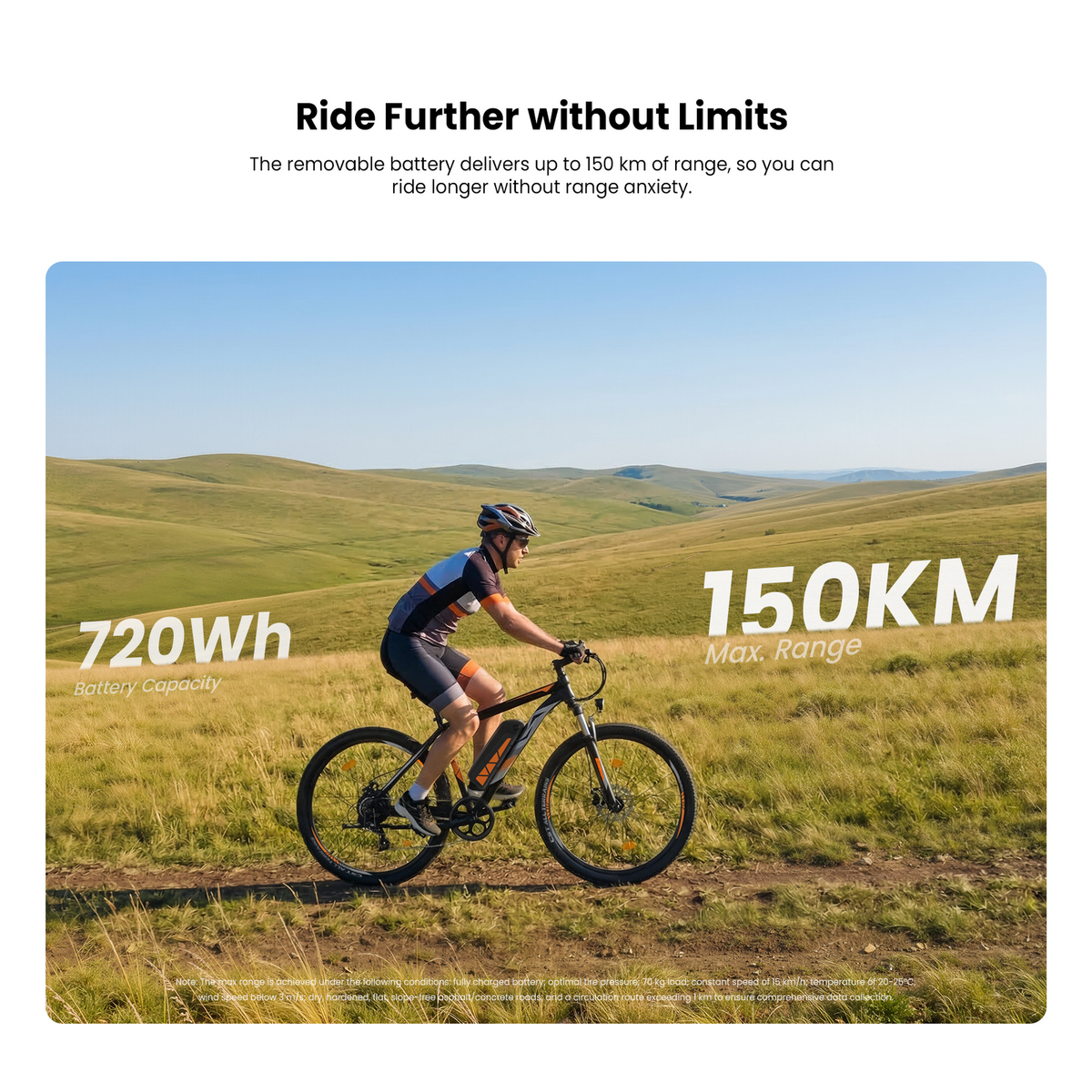 Ein Radfahrer fährt auf einem Feldweg durch eine hügelige Landschaft.