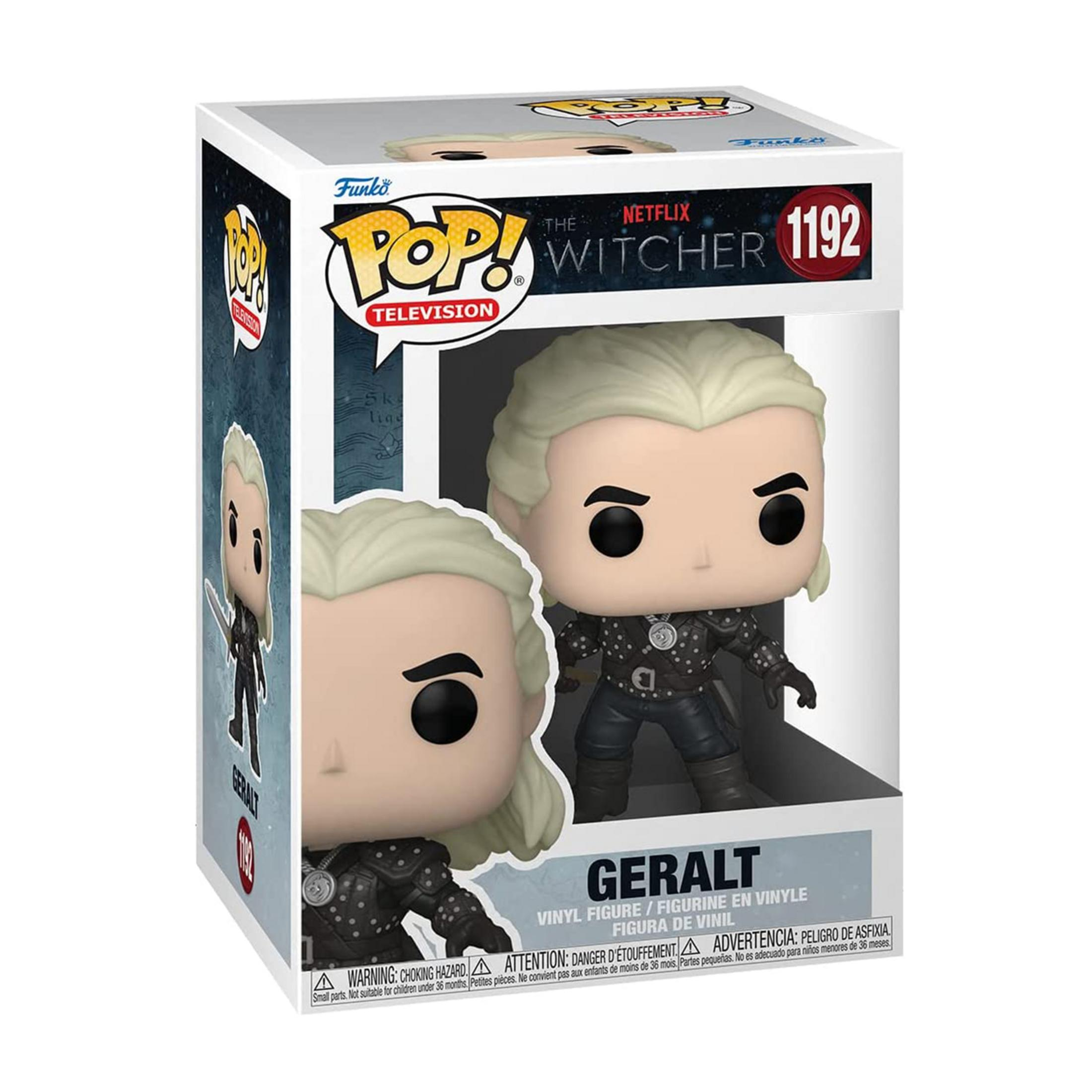 Figurine vinyle Funko Pop! Geralt #1192 de The Witcher, cheveux blancs et armure.