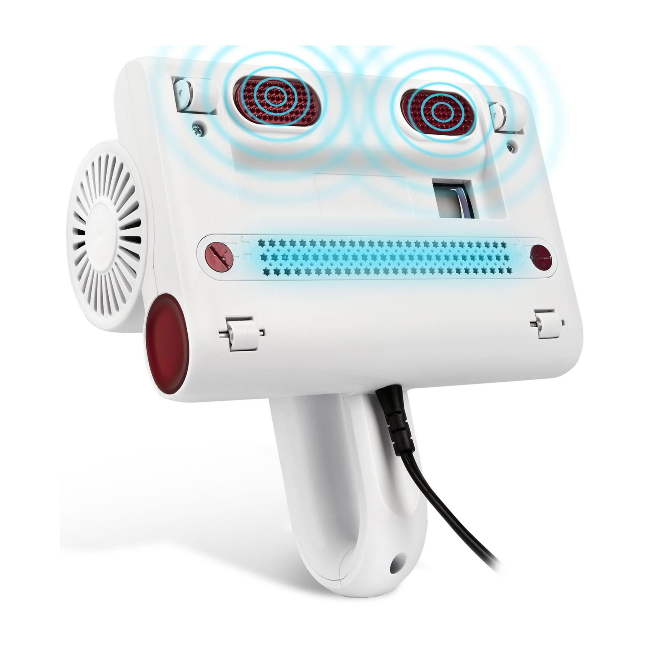 Un dispositivo eléctrico blanco con ventilador y rodillos de masaje rojos.