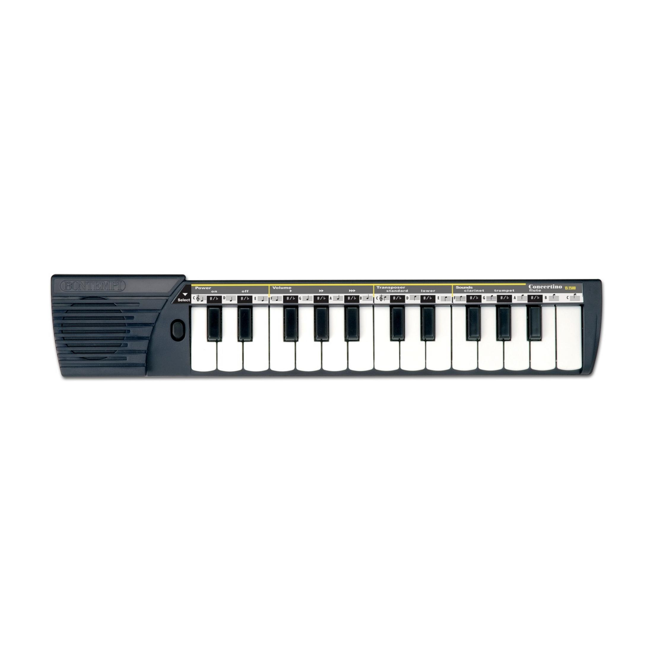 Ein schwarzes Bontempi Concertino 15 2500 Keyboard mit weißen und schwarzen Tasten.