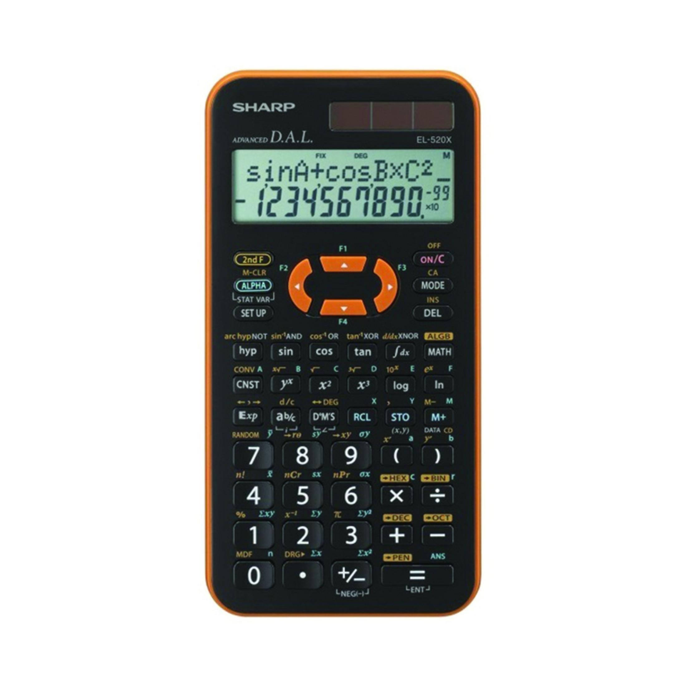 Ein schwarzer Sharp EL-520X Taschenrechner mit orangefarbenen Tasten und orangefarbenem Rand.