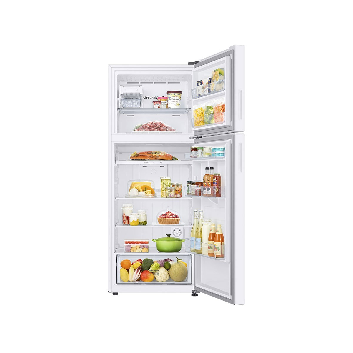 Refrigerador blanco abierto con comida: carne, pescado, frutas, verduras, bebidas y helado.
