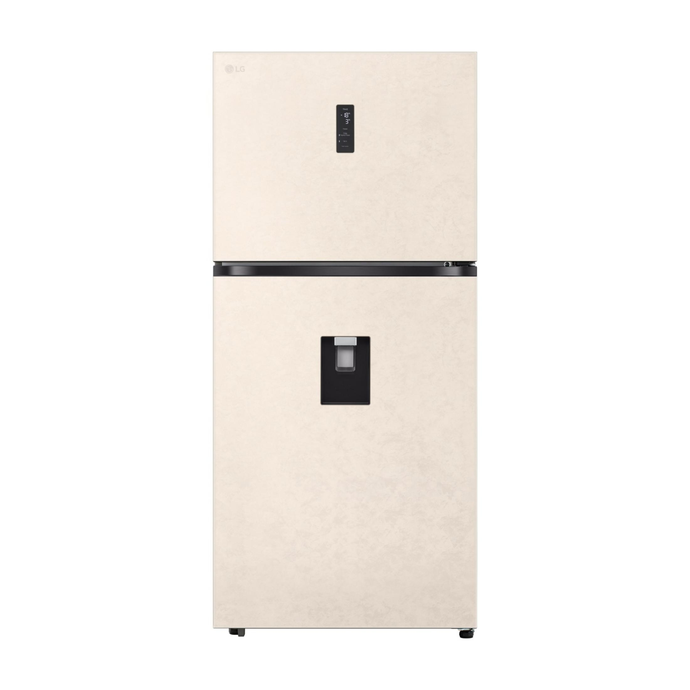 Frigorifero LG a due porte beige con dispenser d'acqua frontale.