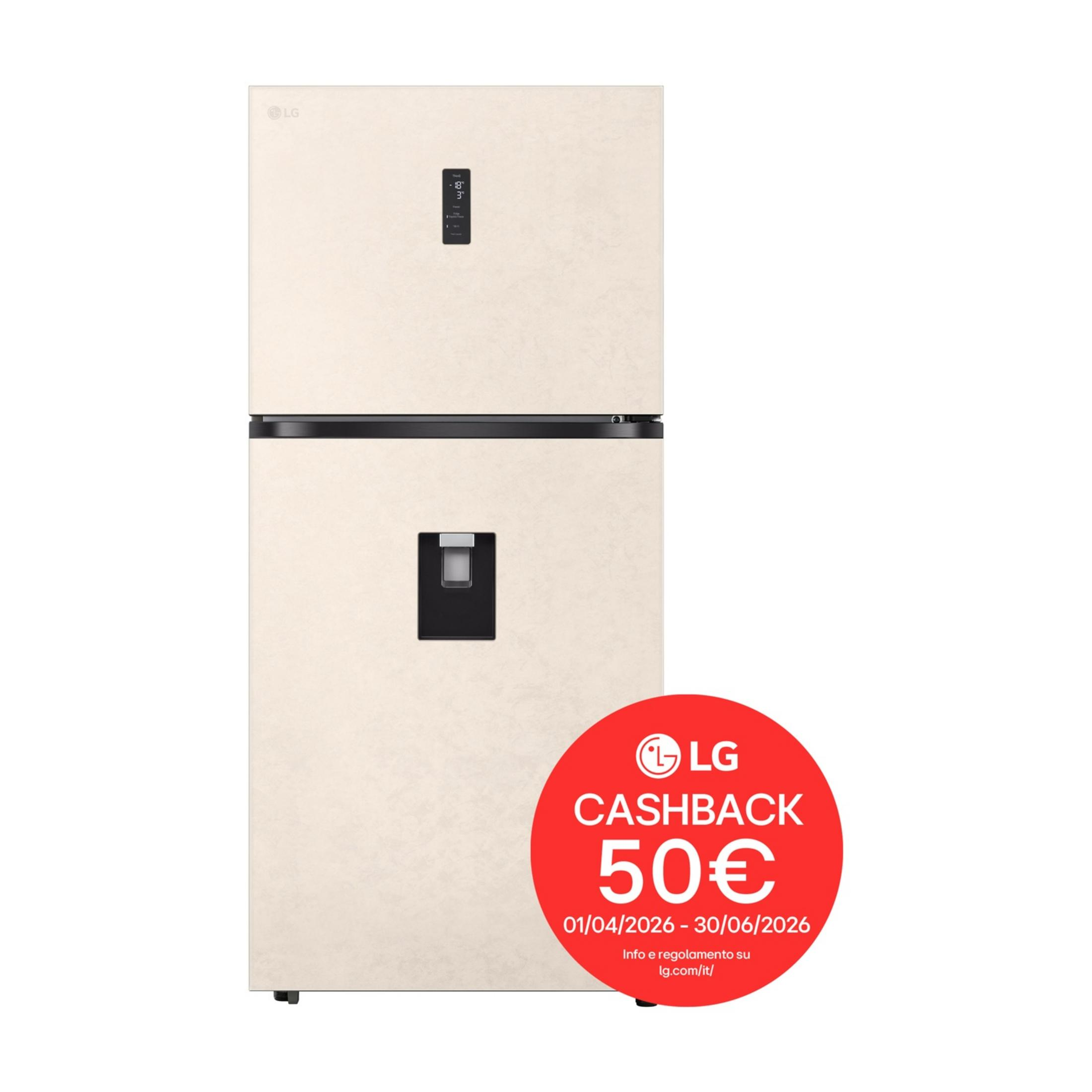 Un frigorifero LG beige con dispenser d'acqua e adesivo cashback rosso.