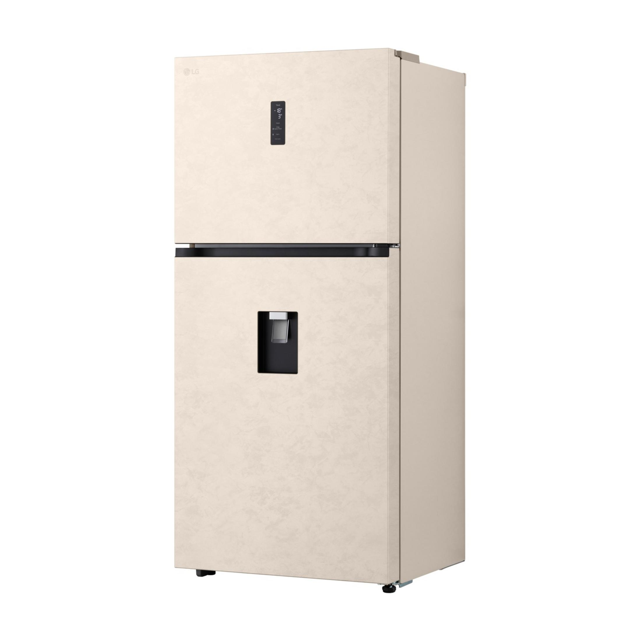 Un frigorifero LG beige con congelatore in alto e dispenser d'acqua.
