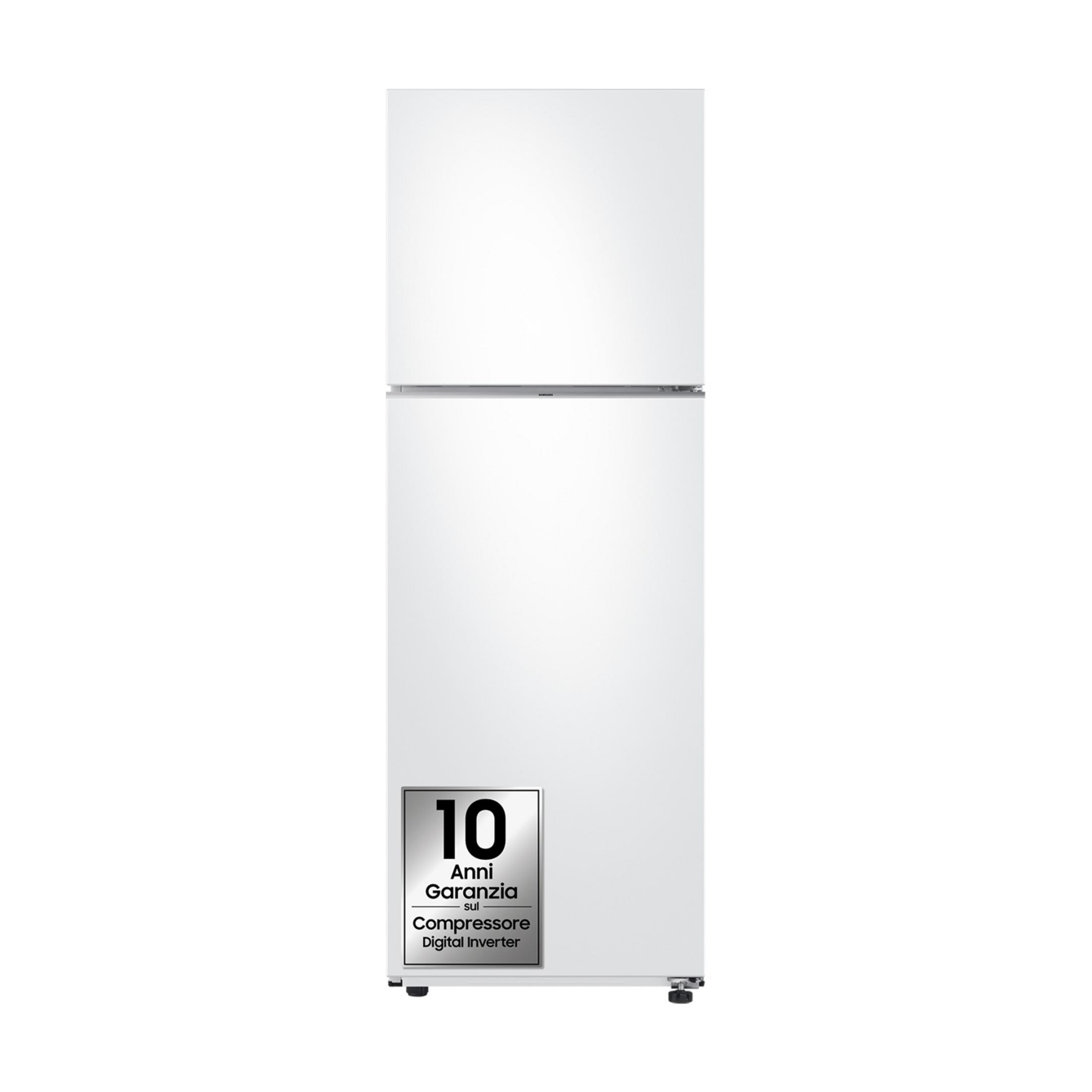 A white refrigerator featuring a 10-year warranty sticker for the Digital Inverter Compressor.