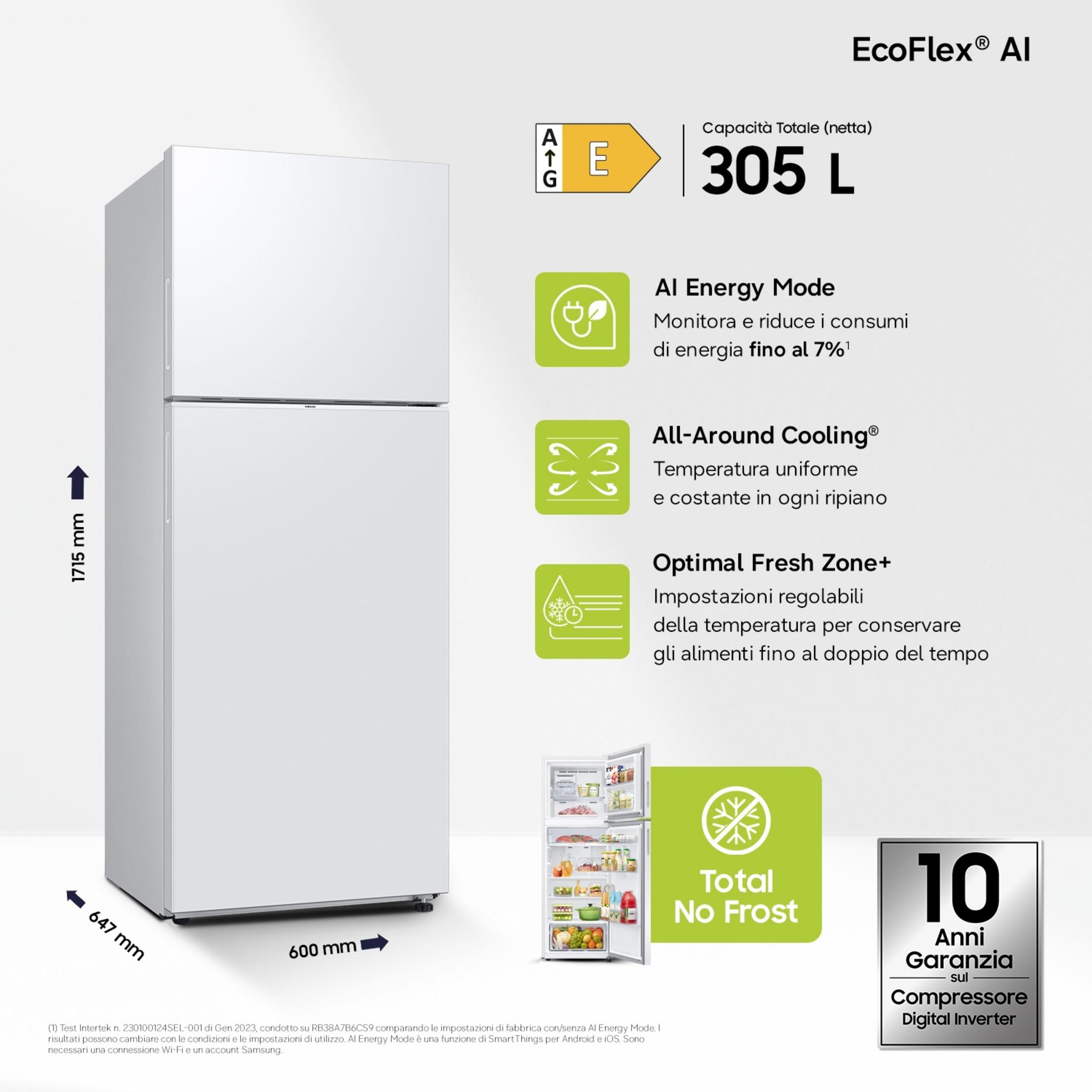 A white EcoFlex AI refrigerator, 305L capacity, Energy Class E, with dimensions.