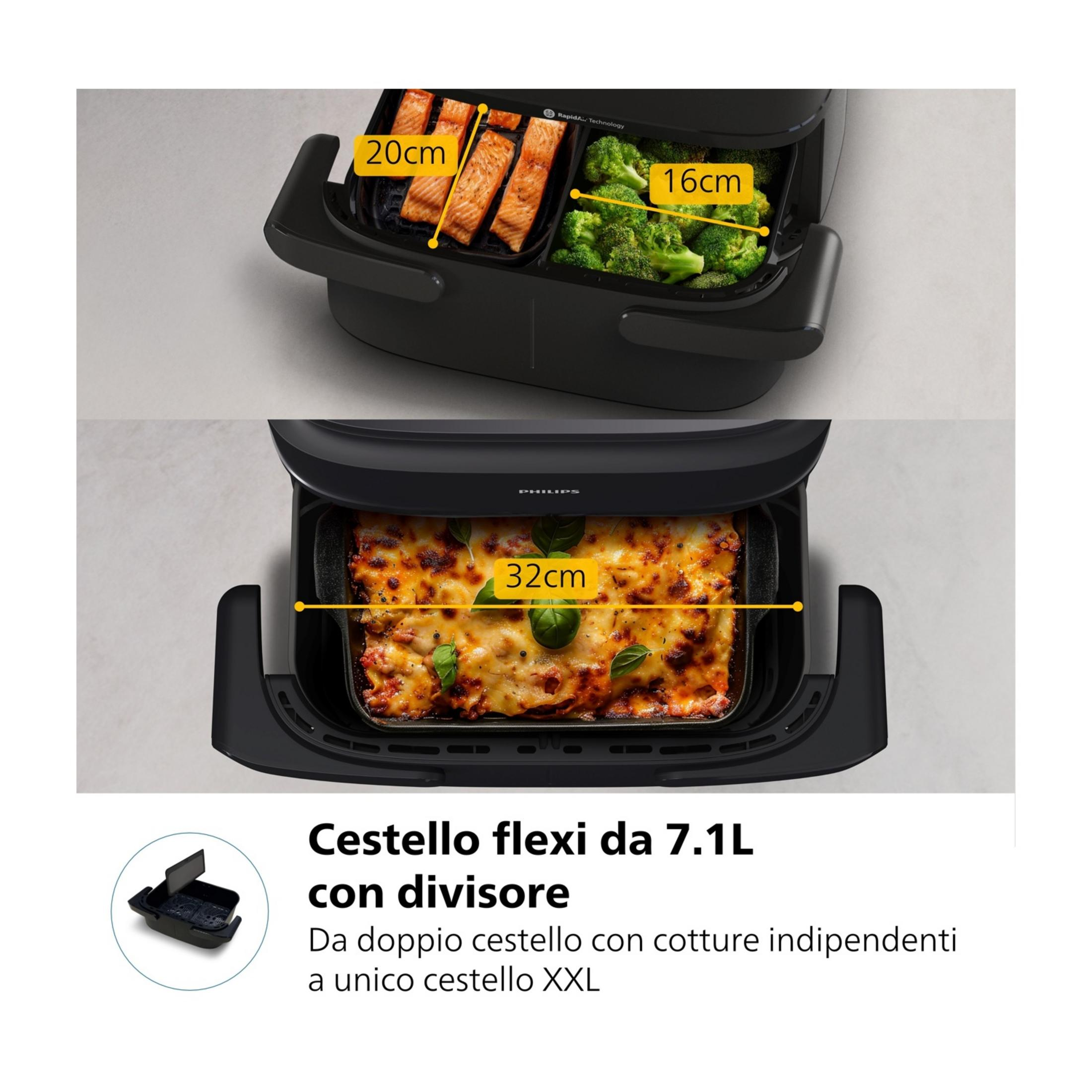 Friggitrice ad aria con due scomparti: salmone e broccoli, lasagne. Misure 20x16cm, 32cm.