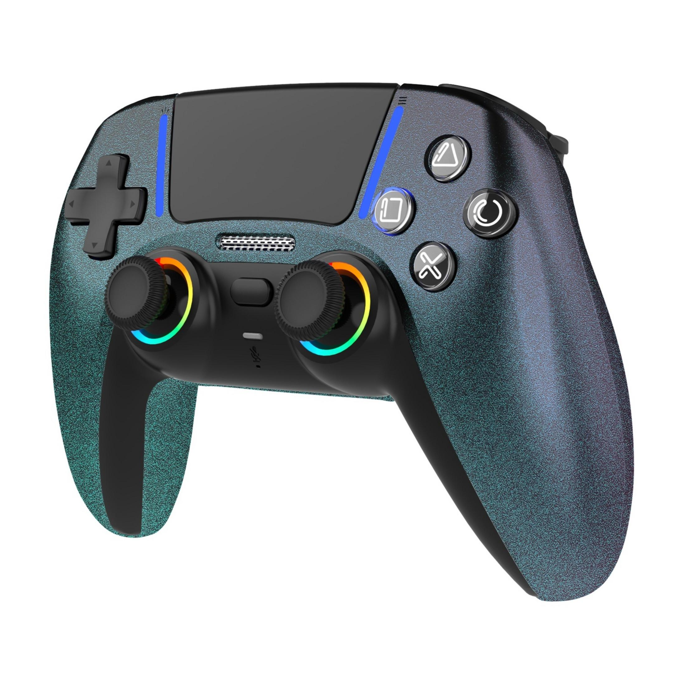 Ein türkisfarbener schillernder Gamecontroller mit schwarzer Oberseite und bunten LED-Akzenten.