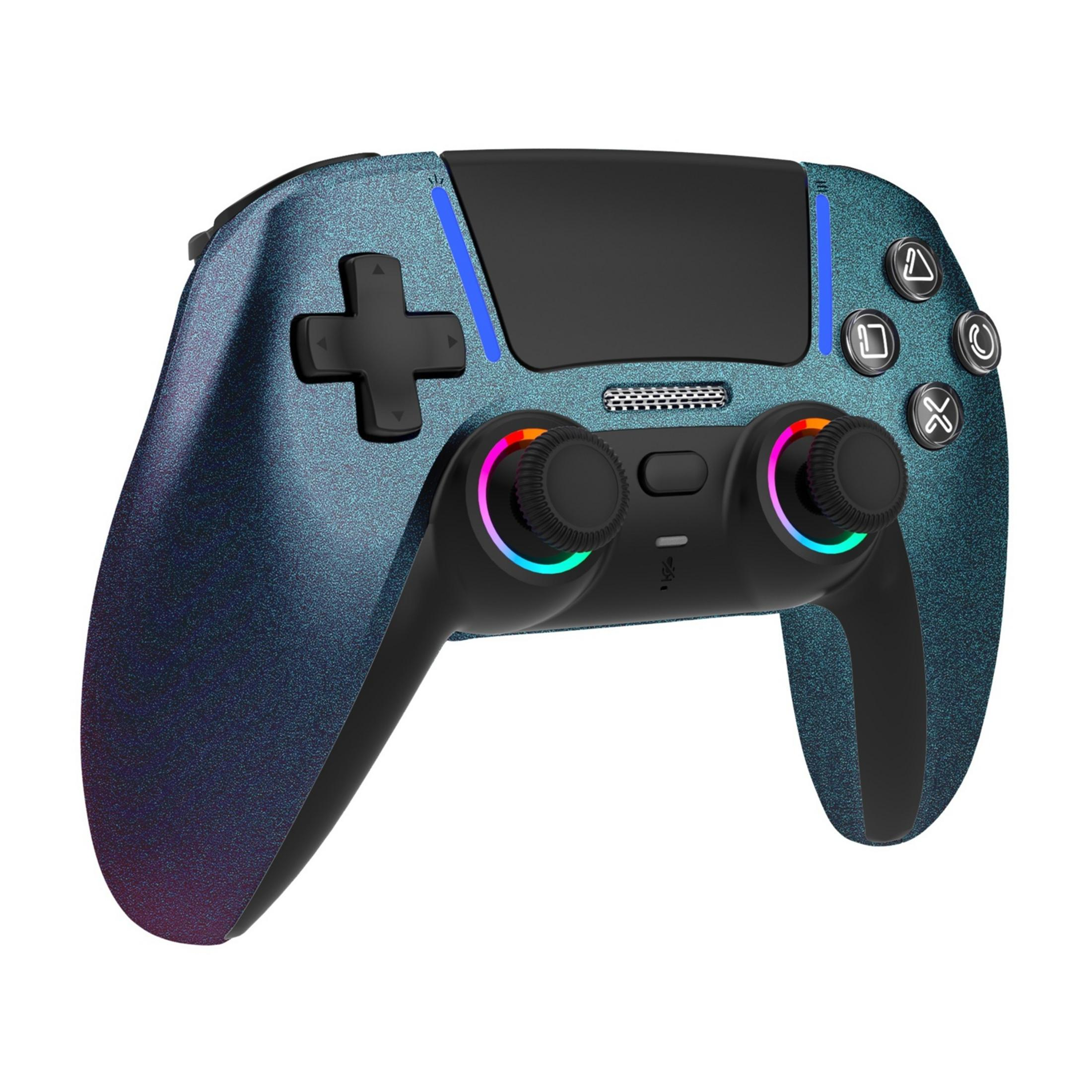 Ein blau glitzernder Gamecontroller mit bunten Ringen um die Analogsticks.