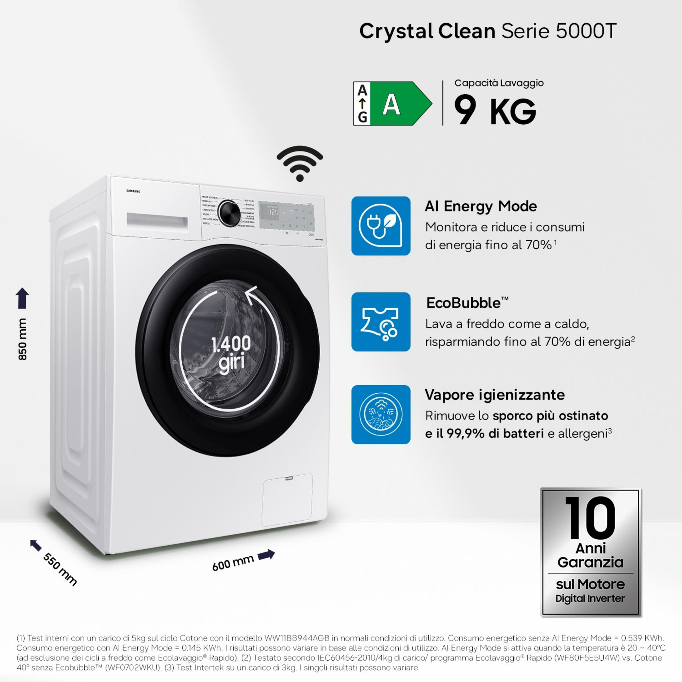 Lavatrice bianca, capacità 9kg, 1400 giri, Classe energetica A, AI Energy Mode, EcoBubble, Vapore.