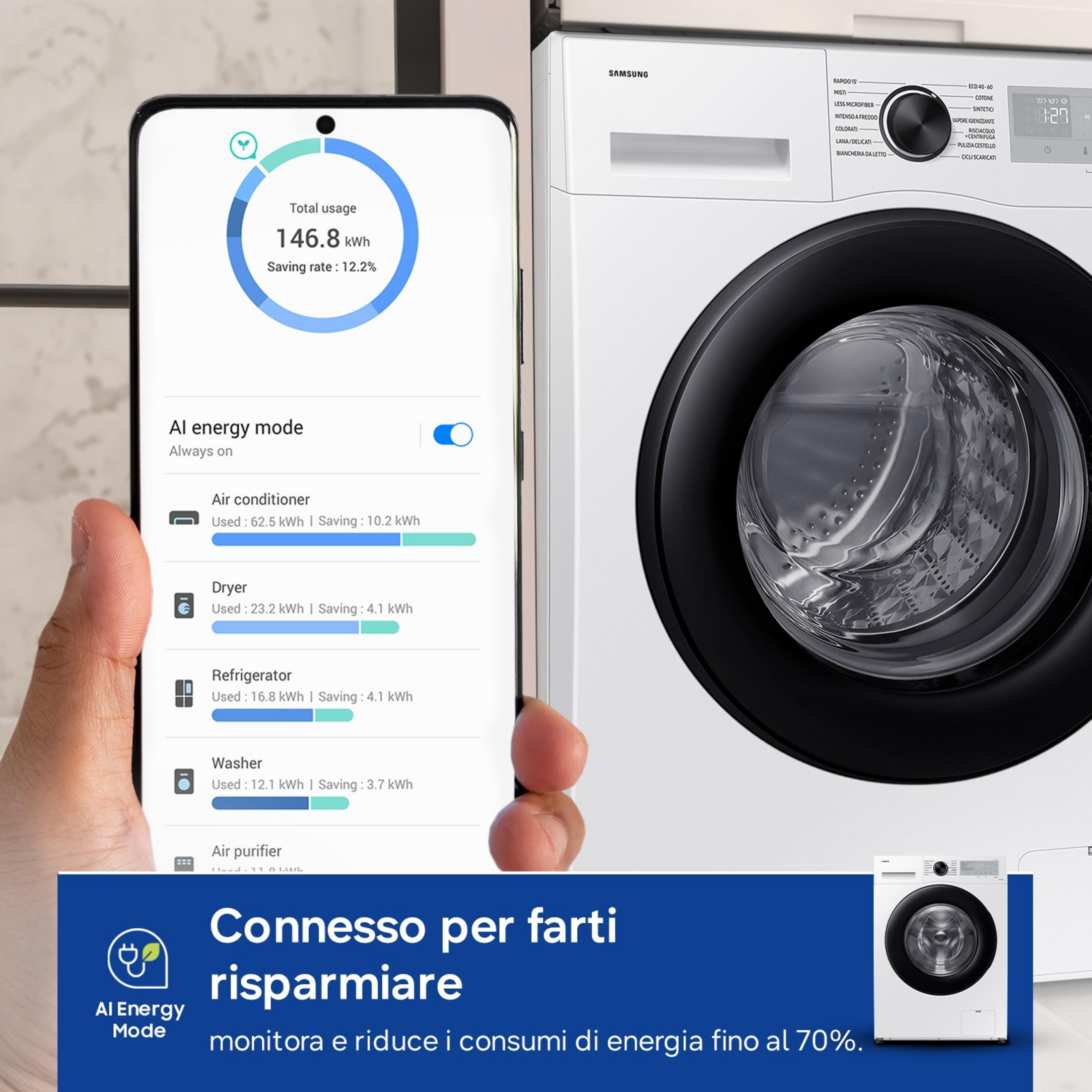 Uno smartphone mostra dati di consumo energetico accanto a una lavatrice Samsung.