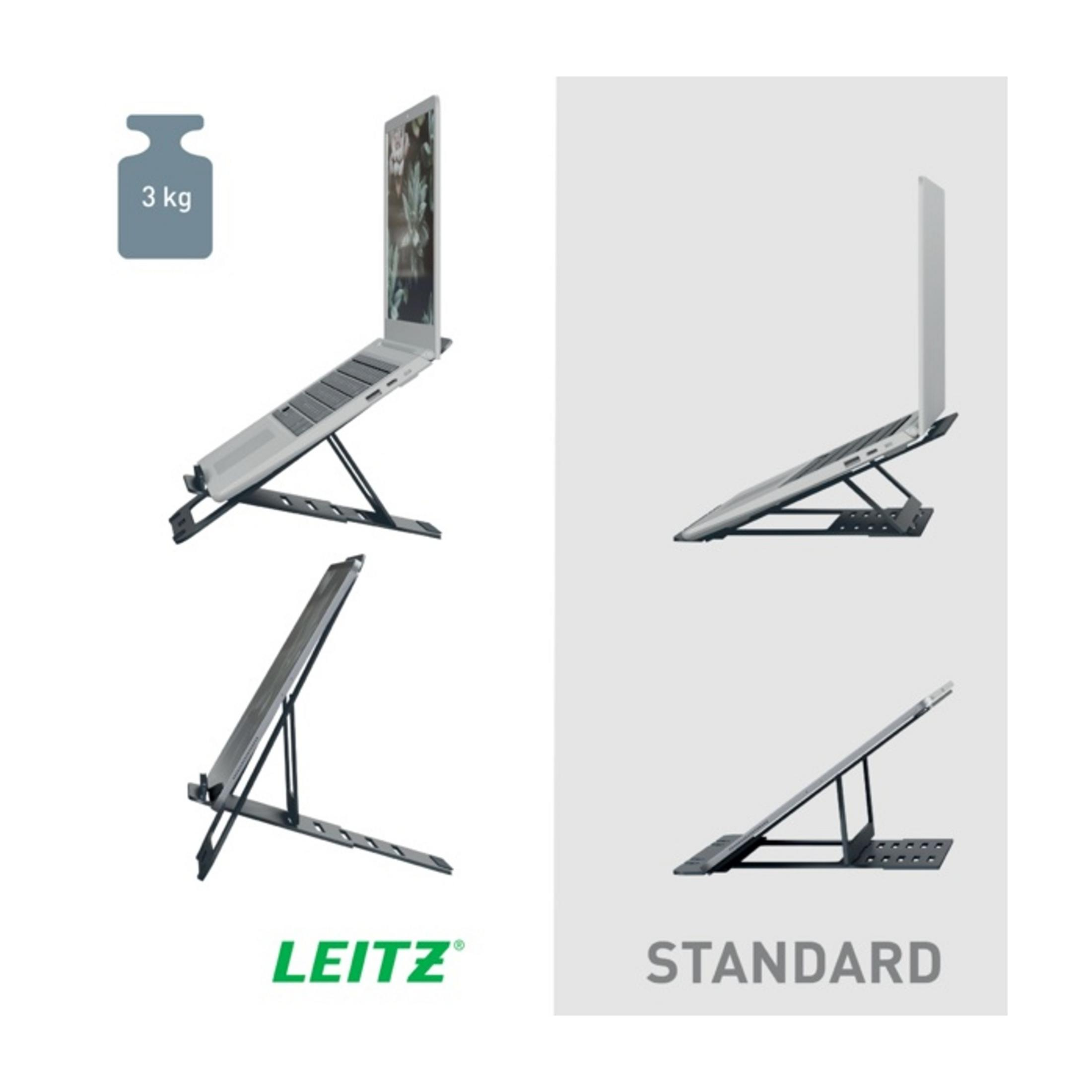 Supporto metallico per laptop con laptop, capacità 3 kg e logo Leitz.