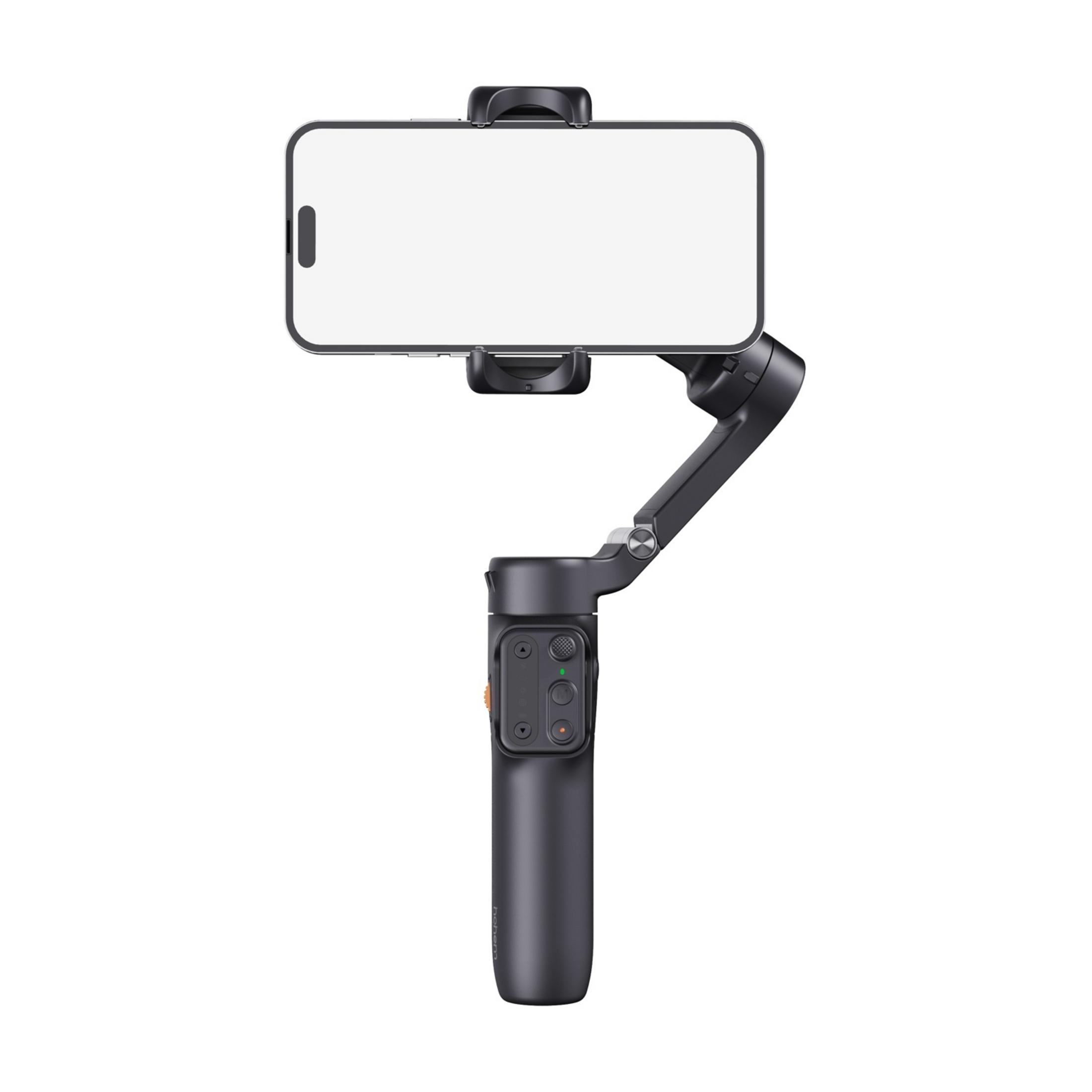 Ein schwarzer Smartphone-Gimbal-Stabilisator mit montiertem Telefon. Weißer Hintergrund.