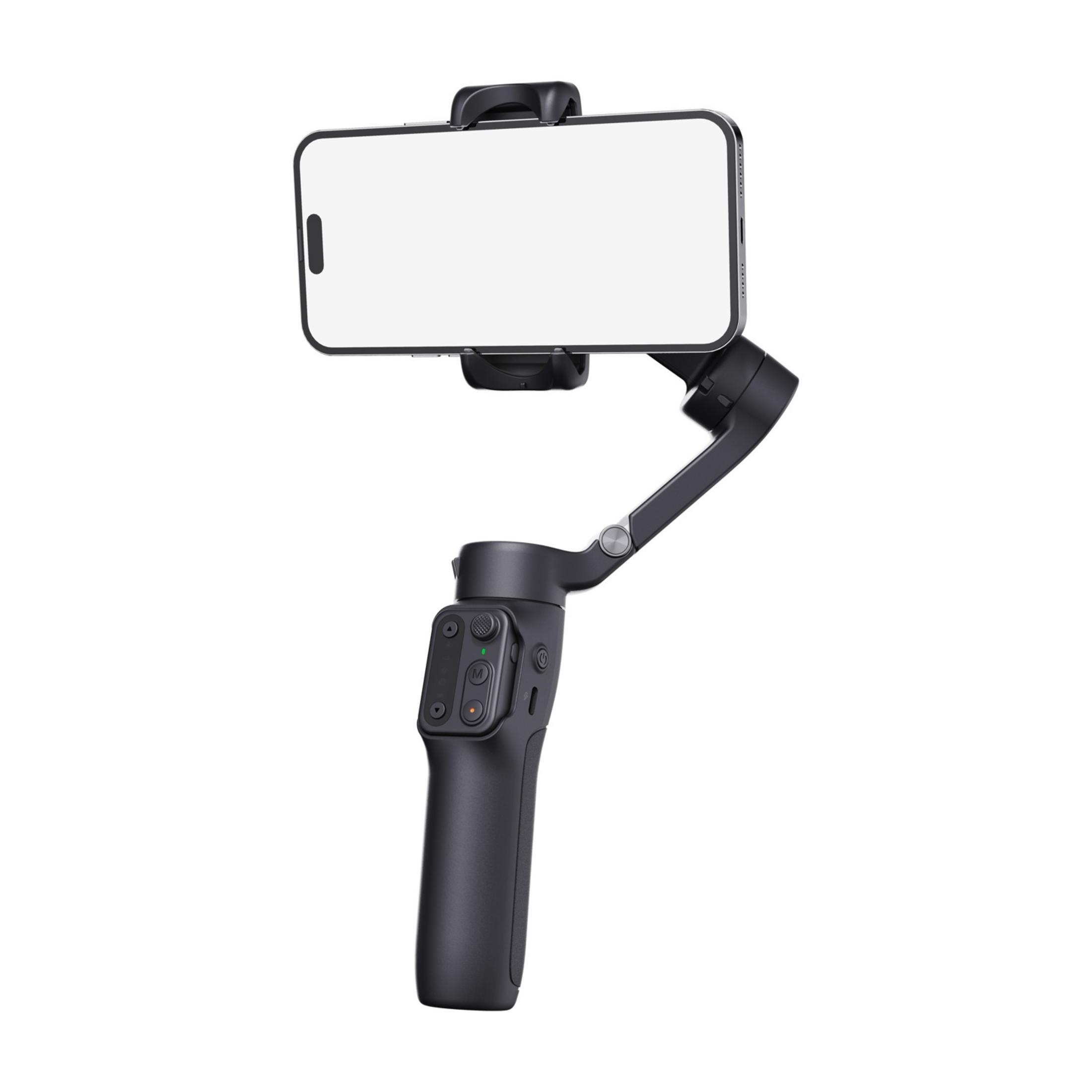 Ein schwarzer Gimbal mit einem weißen Smartphone, das darauf montiert ist.