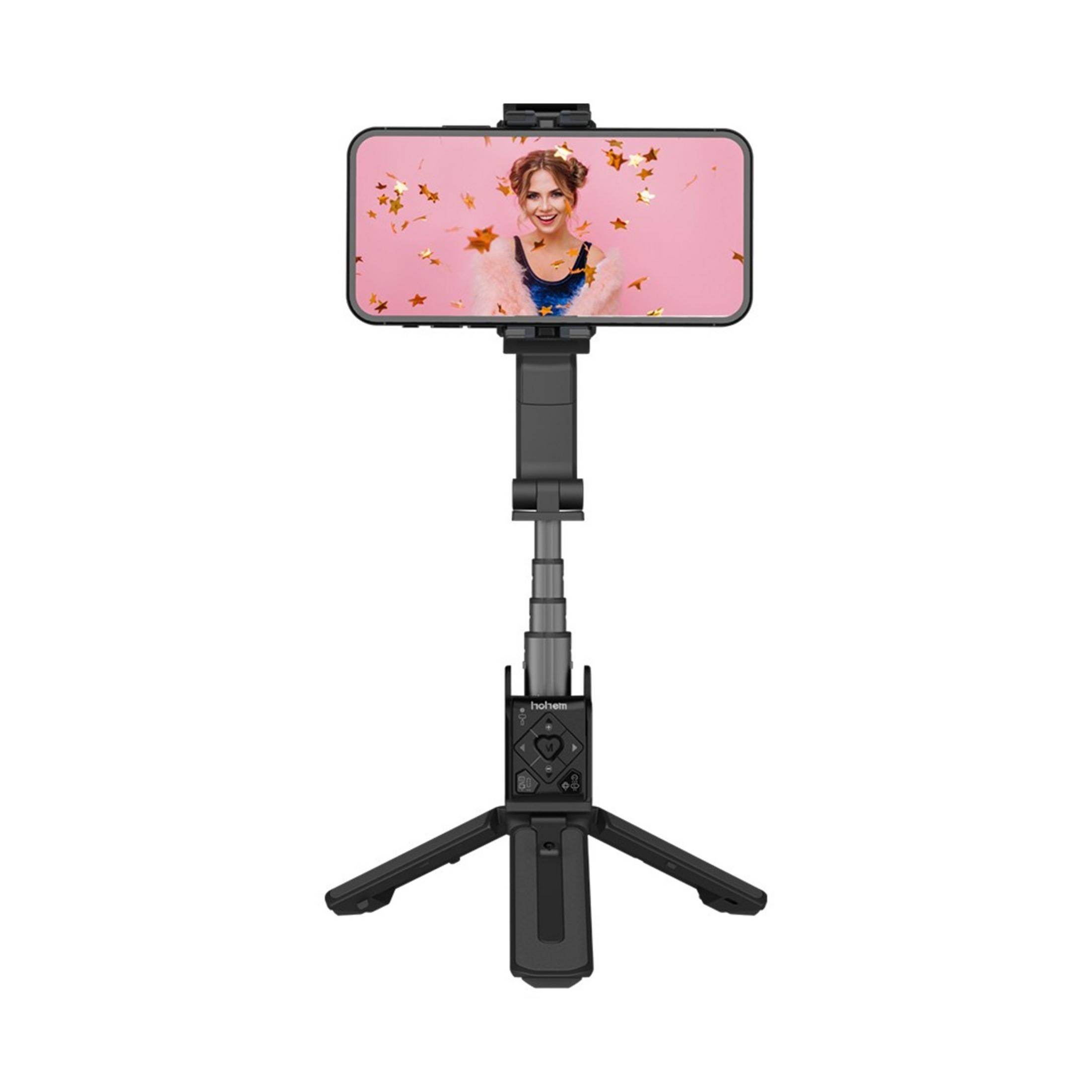 Czarny kijek do selfie ze składanym statywem i telefonem pokazującym kobietę.