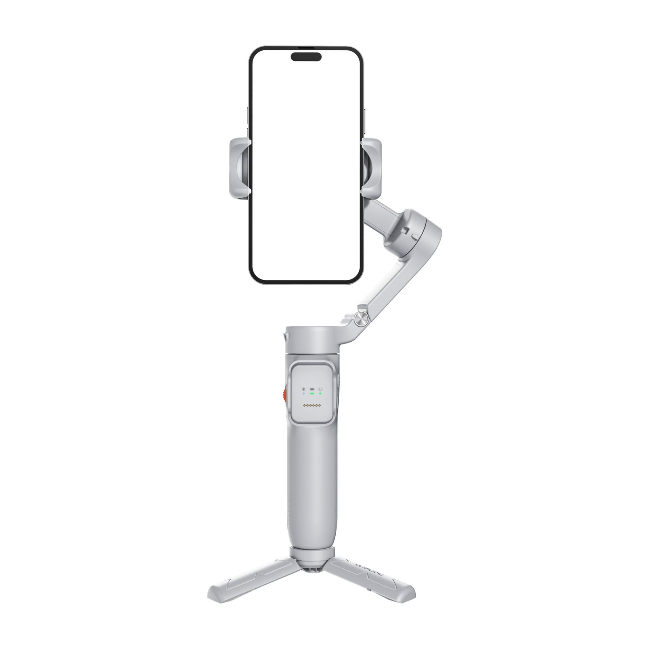 Ein silberner Handy-Gimbal mit Stativ und leerem Bildschirm.