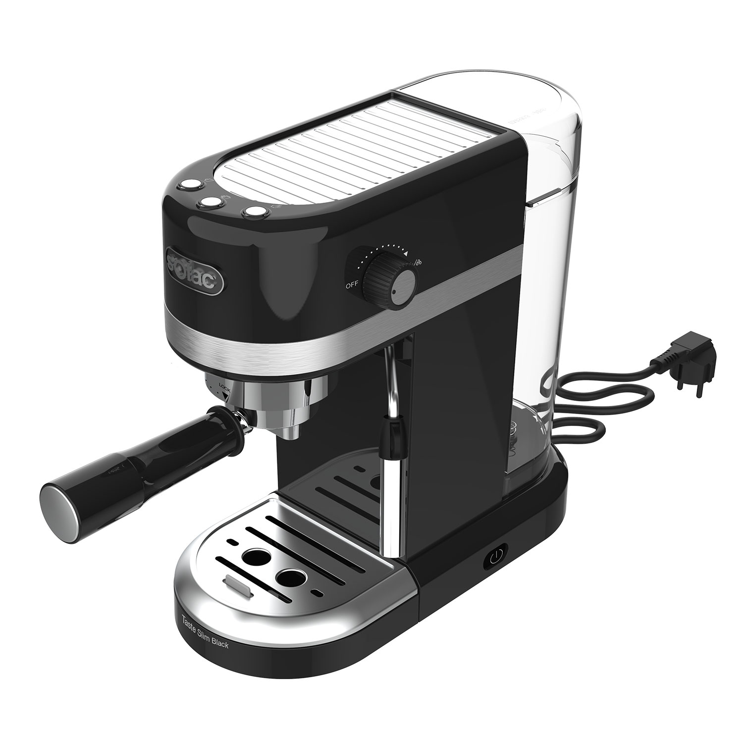 Máquina de espresso negra con detalles plateados y depósito de agua transparente.