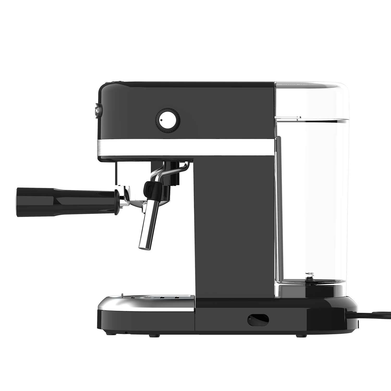 Máquina de espresso negra con detalles plateados y un depósito de agua transparente.