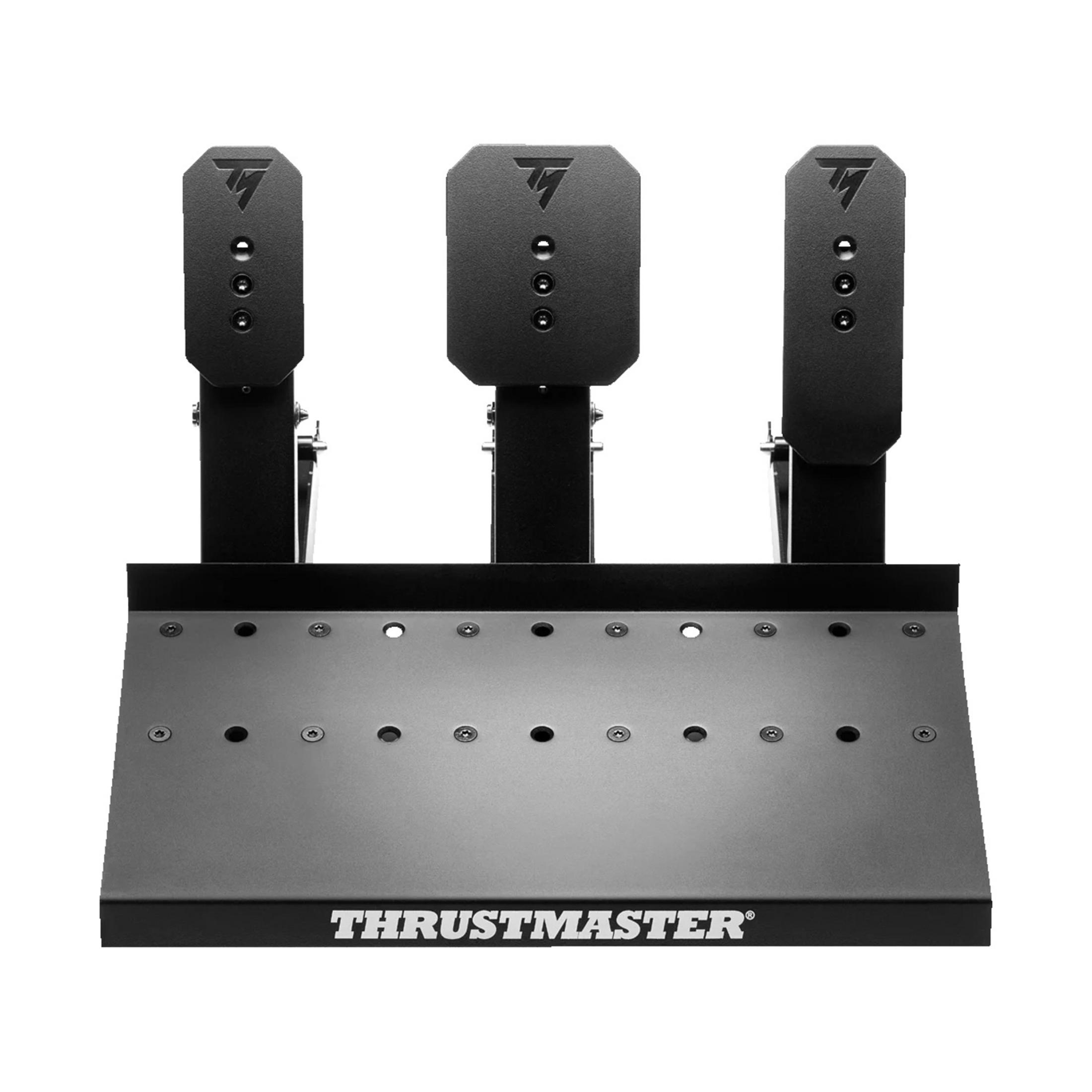 Pedali Thrustmaster neri con tre pedali su base metallica.