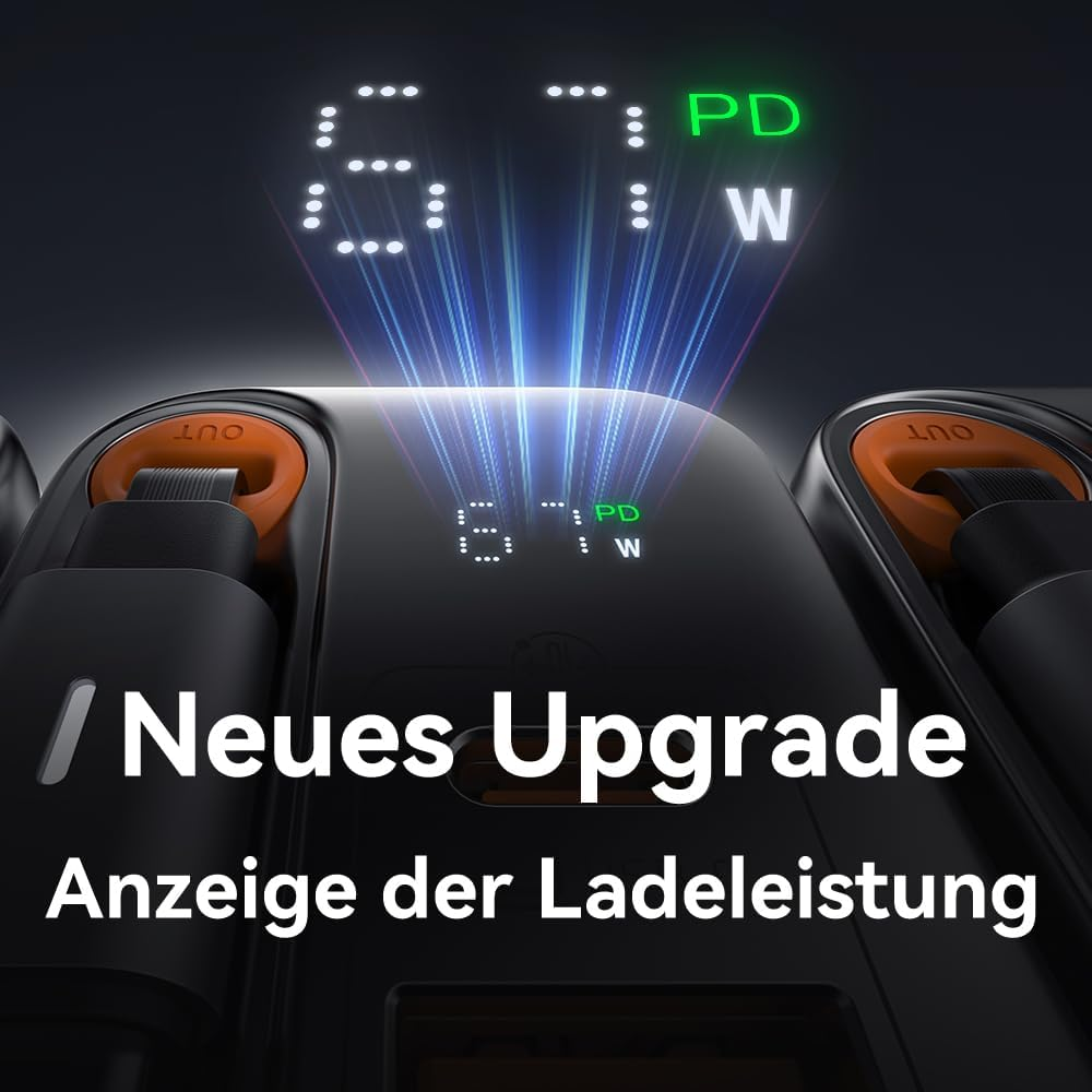 Ladegerät mit Anzeige der Ladeleistung und PD-Symbol.