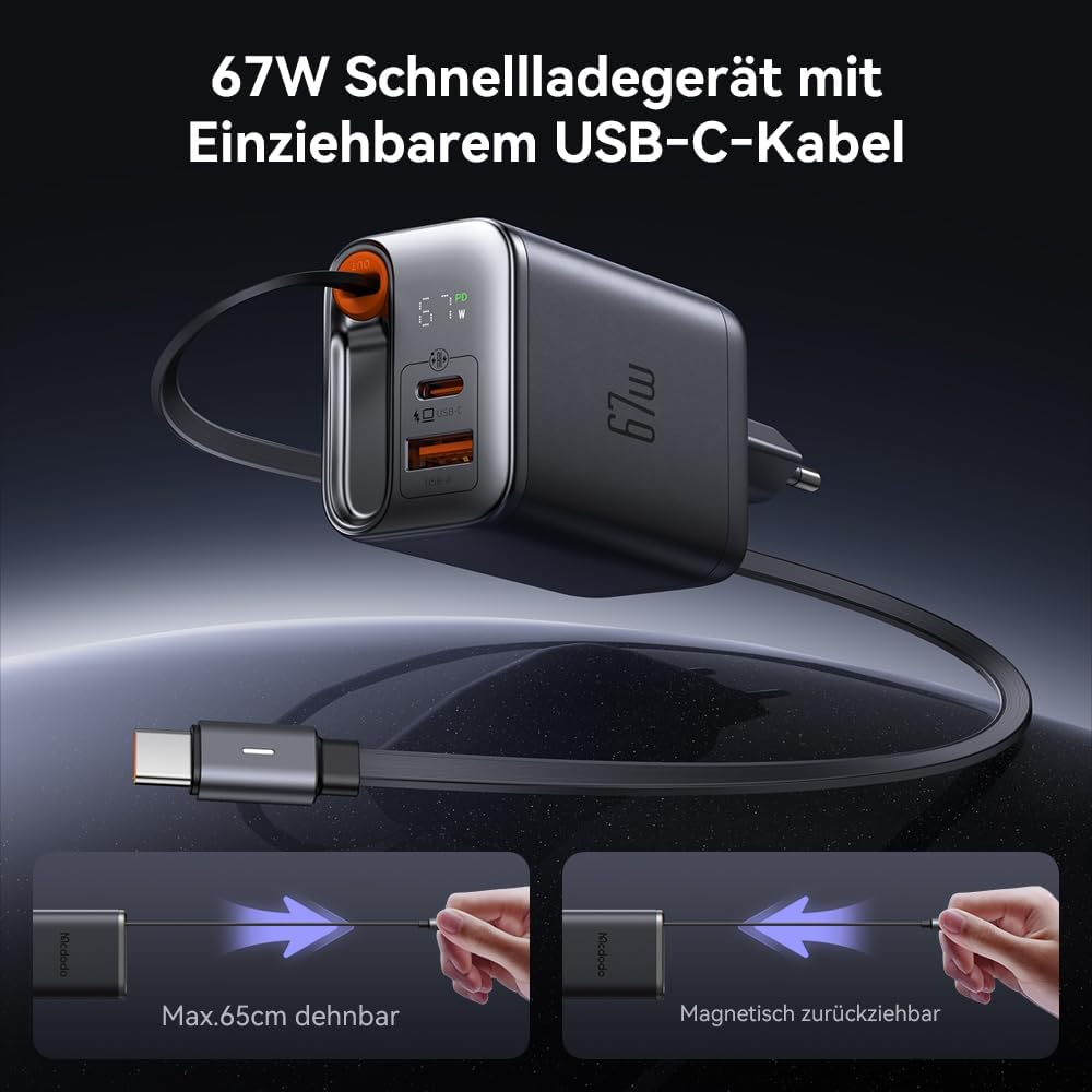 67W Ladegerät mit einziehbarem USB-C-Kabel und zwei Anschlüssen.