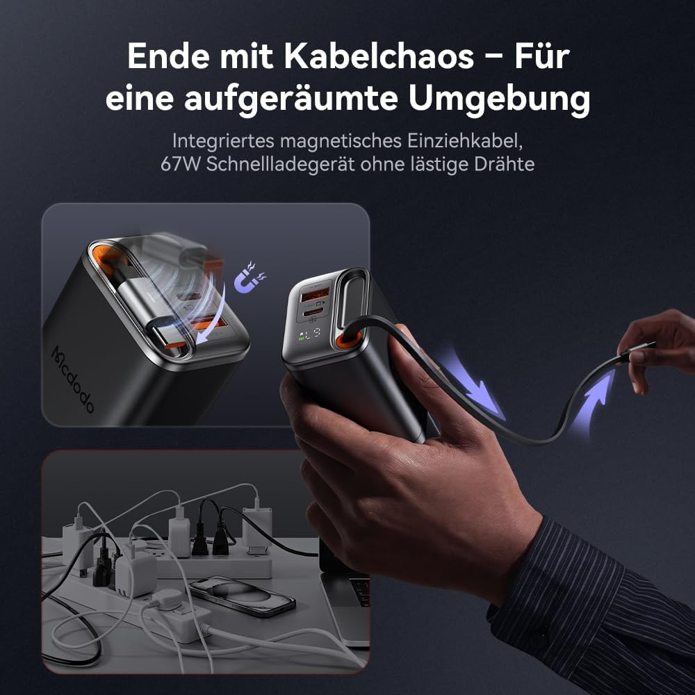 Ein Ladegerät mit einziehbarem Kabel und ein Kabelchaos-Beispiel.