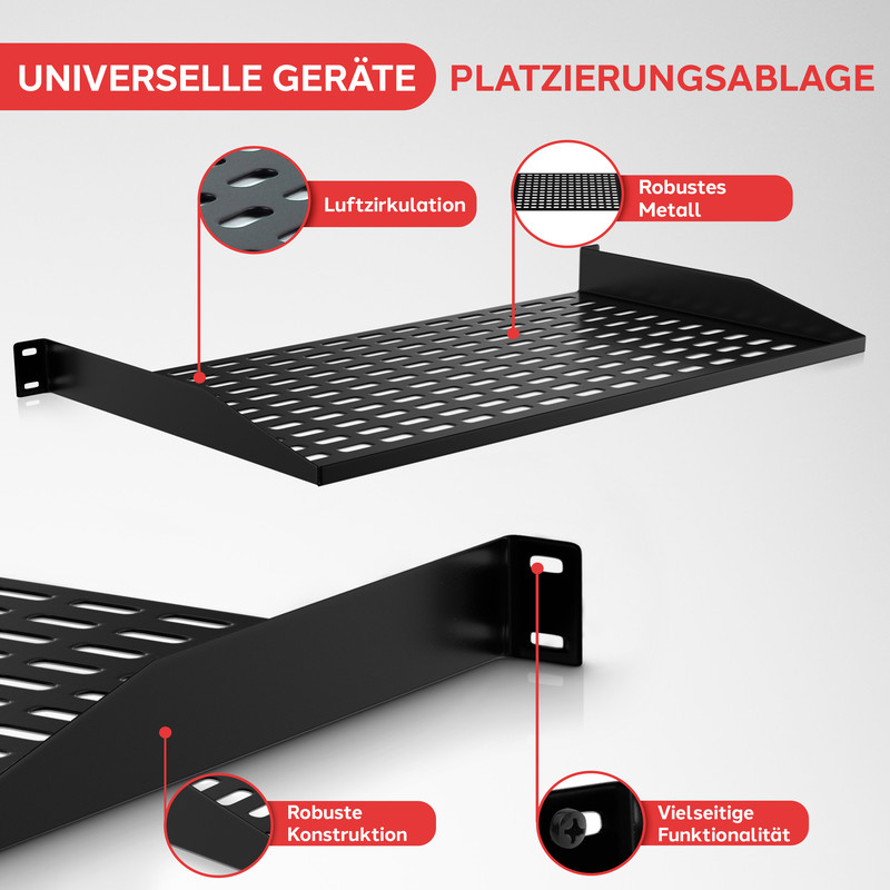 Schwarzes, perforiertes Ablagefach für universelle Geräte, mit Fokus auf Belüftung.