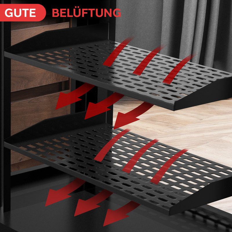 Gute Belüftung: Zwei schwarze perforierte Regale mit roten Pfeilen, die Luftstrom anzeigen.