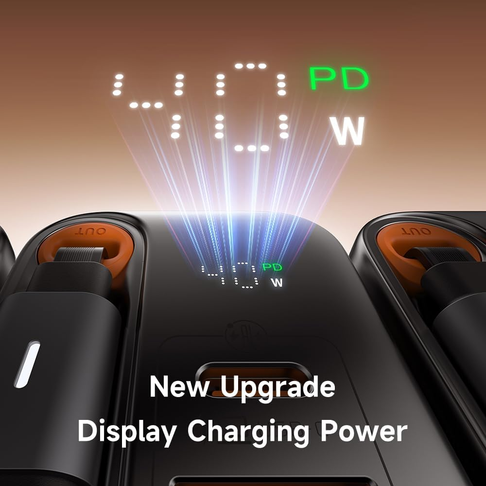 Ladegerät mit digitaler Anzeige zeigt 40W PD an, mit blaue Lichtstrahlen.