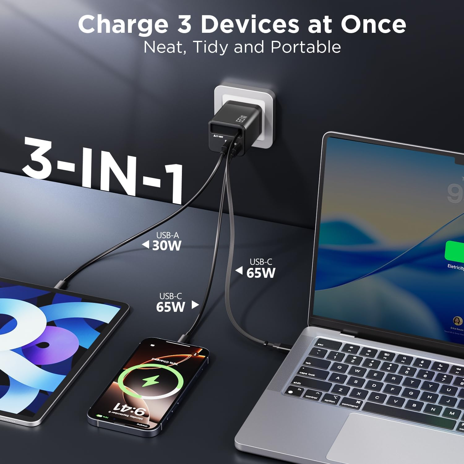 Ein Ladegerät lädt Laptop, Handy und Tablet gleichzeitig über USB-A und USB-C.
