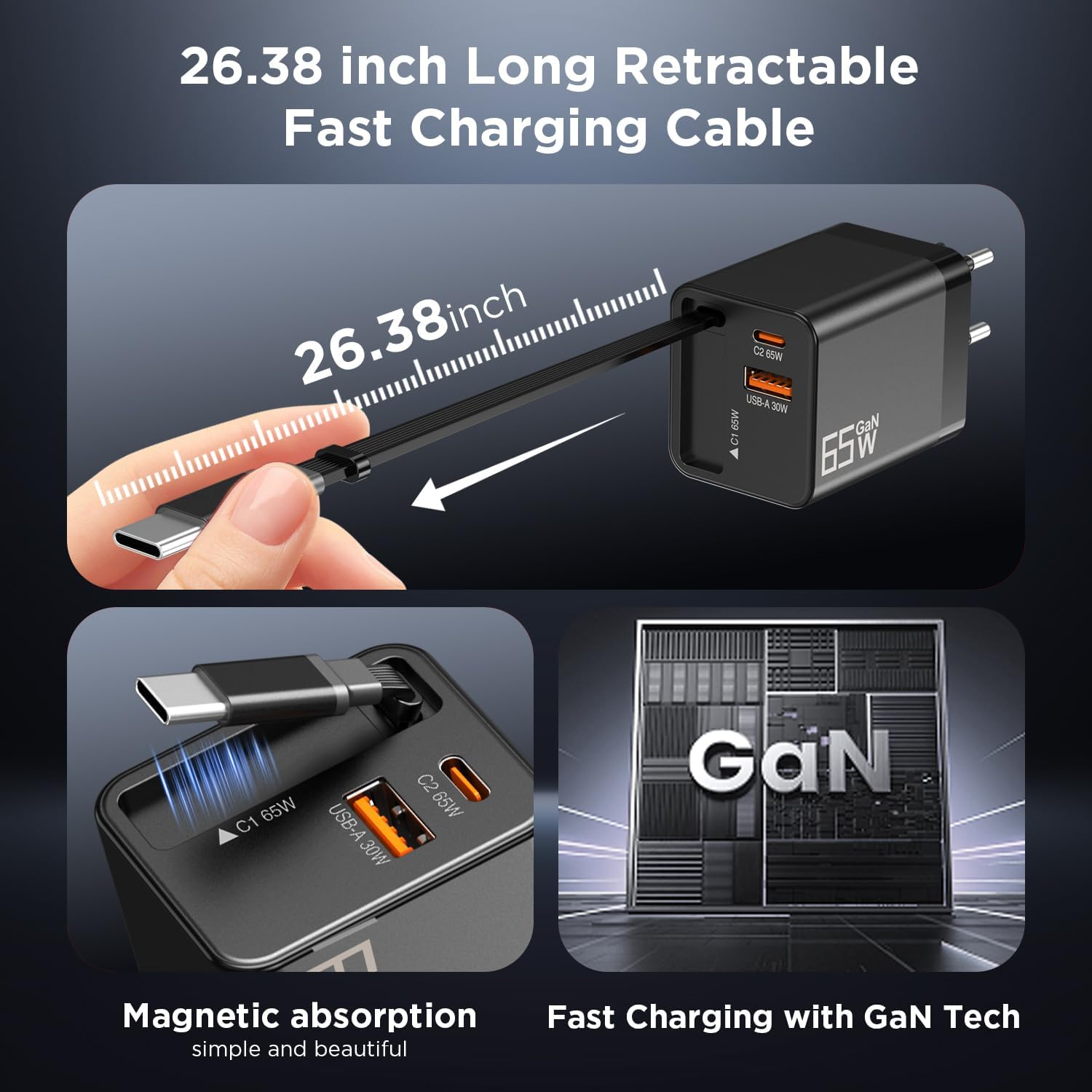 Einziehbarer 26,38-Zoll-Ladeadapter mit USB-C- und USB-A-Anschlüssen und GaN-Technologie.