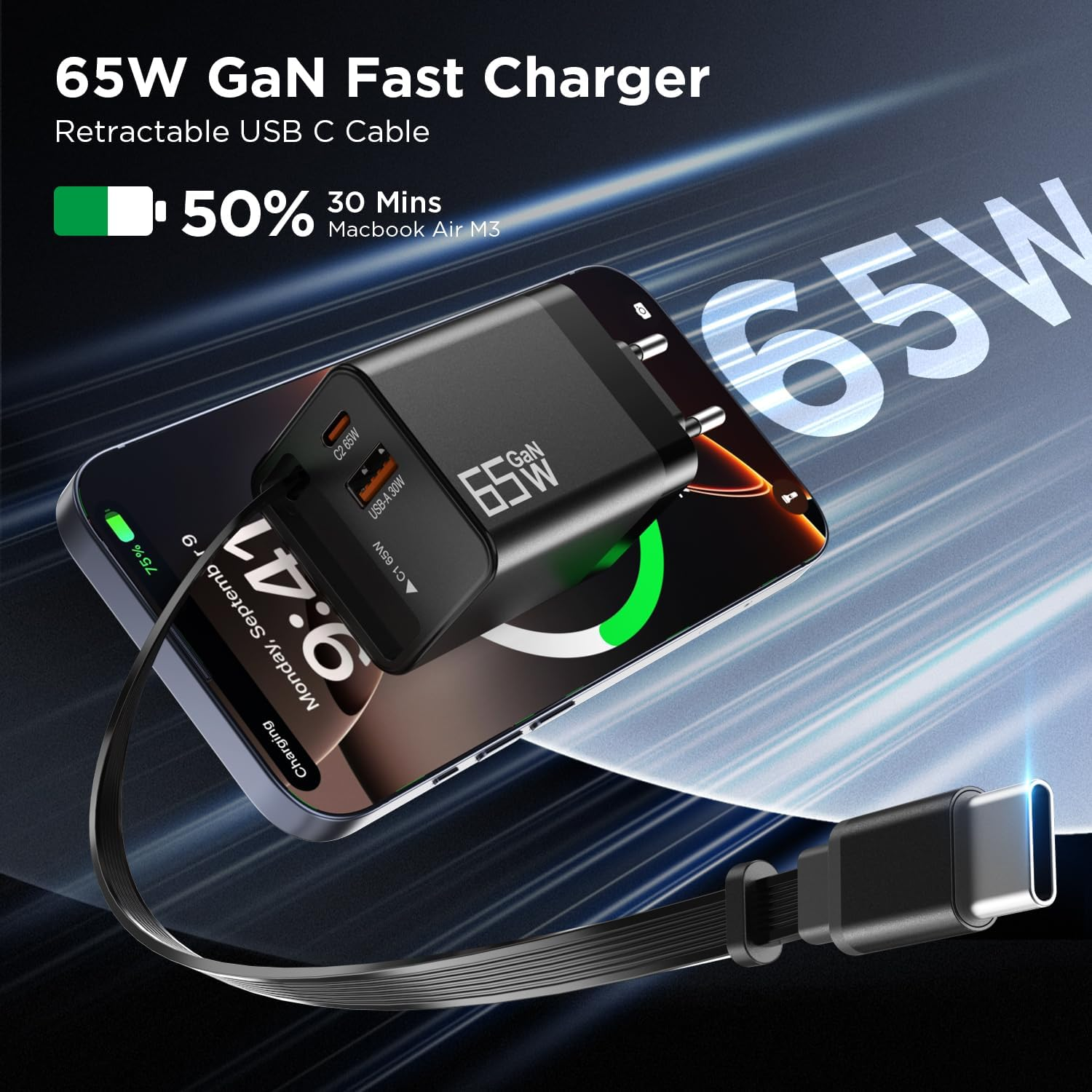 Ein schwarzes GaN-Ladegerät mit USB-C-Kabel lädt ein Smartphone, das 65W anzeigt.