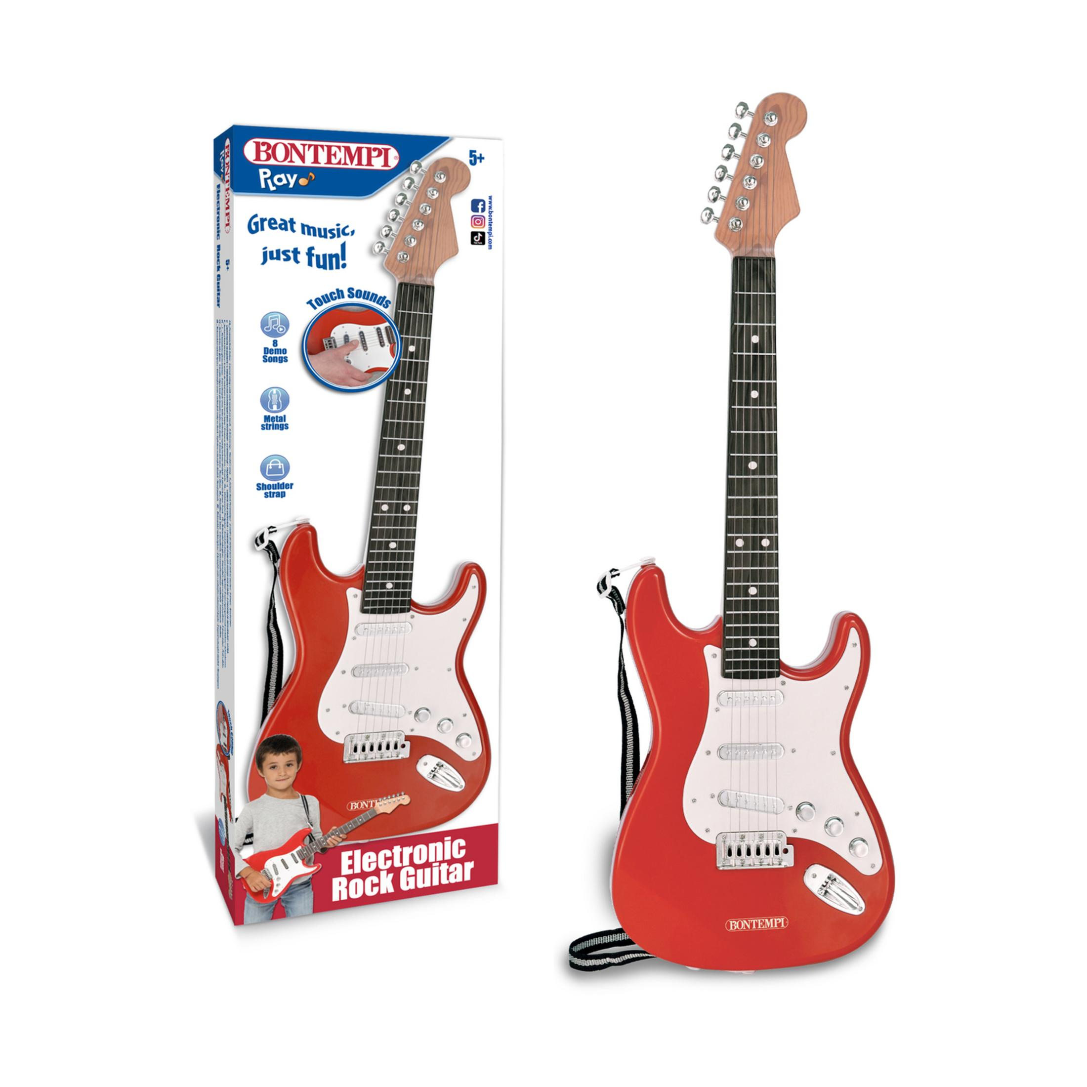Chitarra elettronica rossa con corpo bianco e tracolla in metallo. Bambino la tiene sulla scatola.