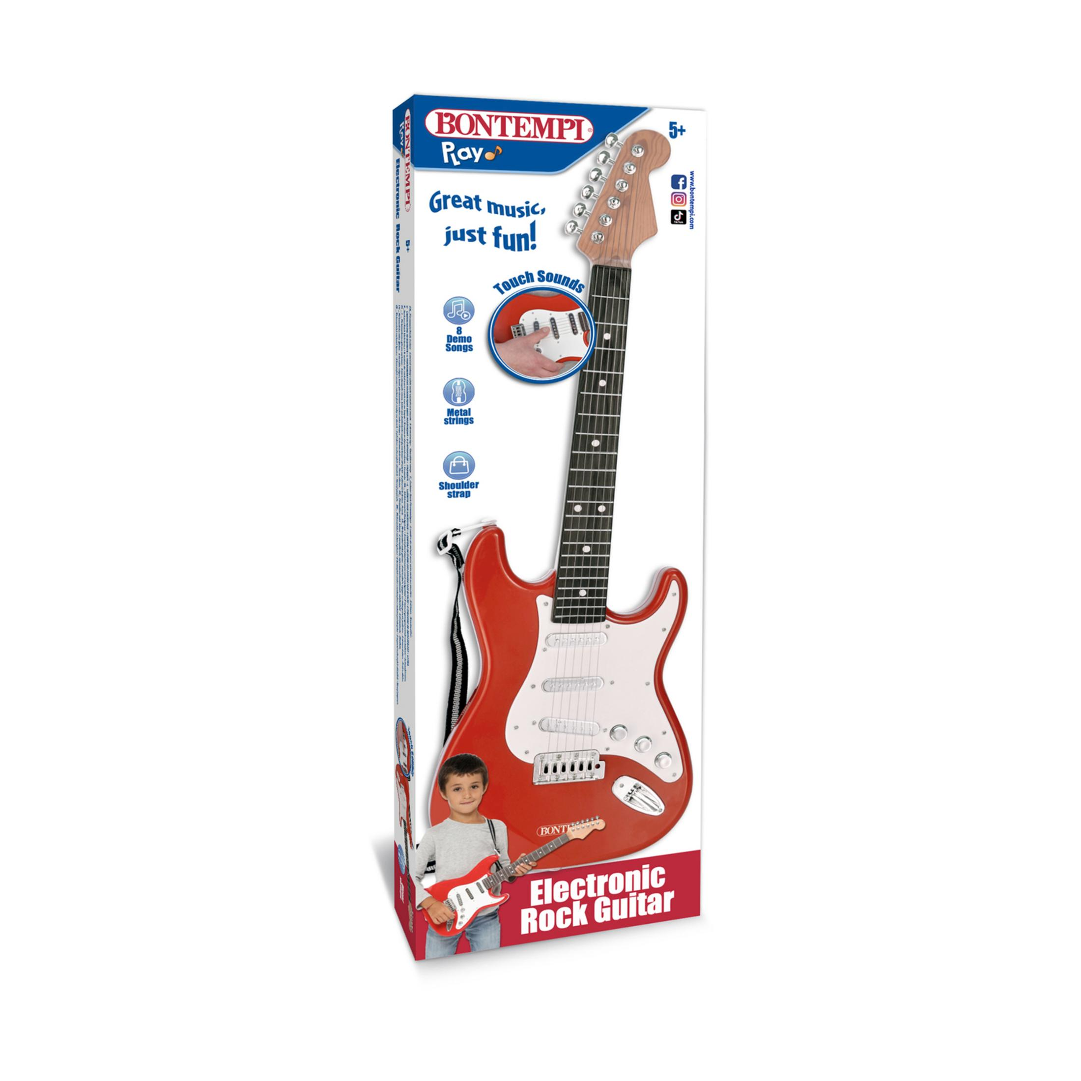 Una chitarra rock elettronica Bontempi rossa giocattolo con un bambino sulla scatola. Suoni touch.