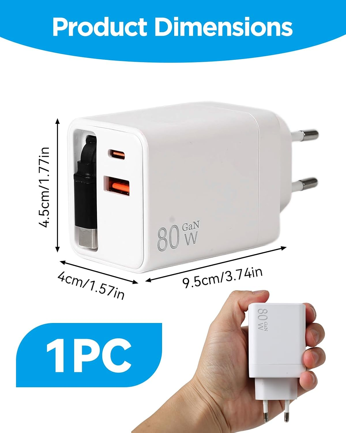 Weier 80W GaN-Ladegert mit zwei USB-C-Ports und einem USB-A-Port. Mae: 4,5x4x9,5cm.