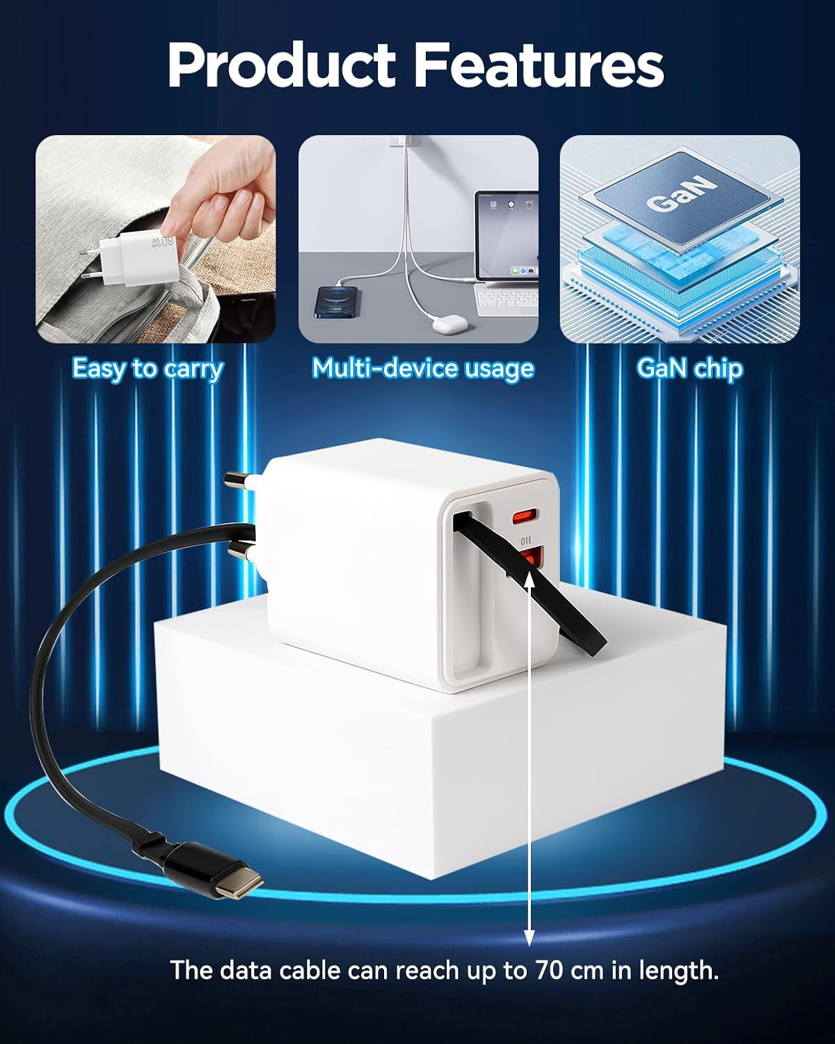 Ein weißes Ladegerät mit USB-C-Anschluss und Datenkabel. Produktmerkmale.
