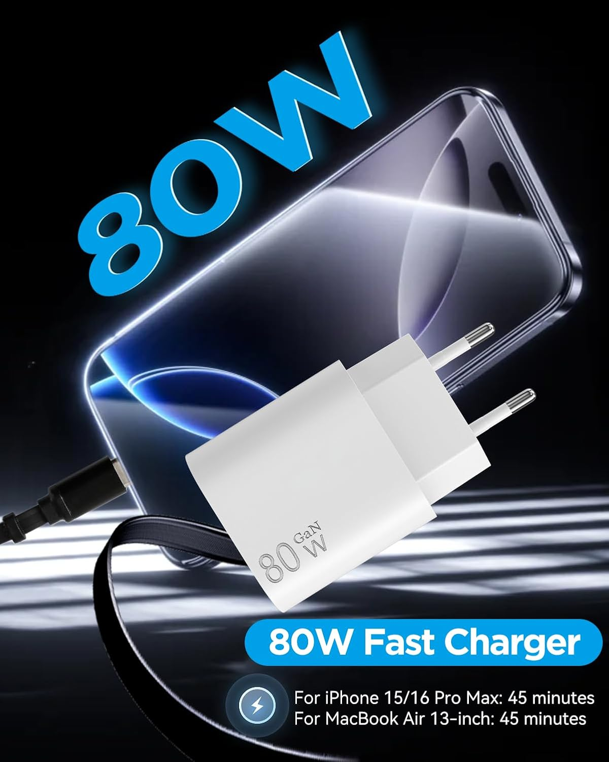 80W GaN Schnellladegerät mit Kabel neben einem Smartphone. Text besagt 80W Schnellladegerät.
