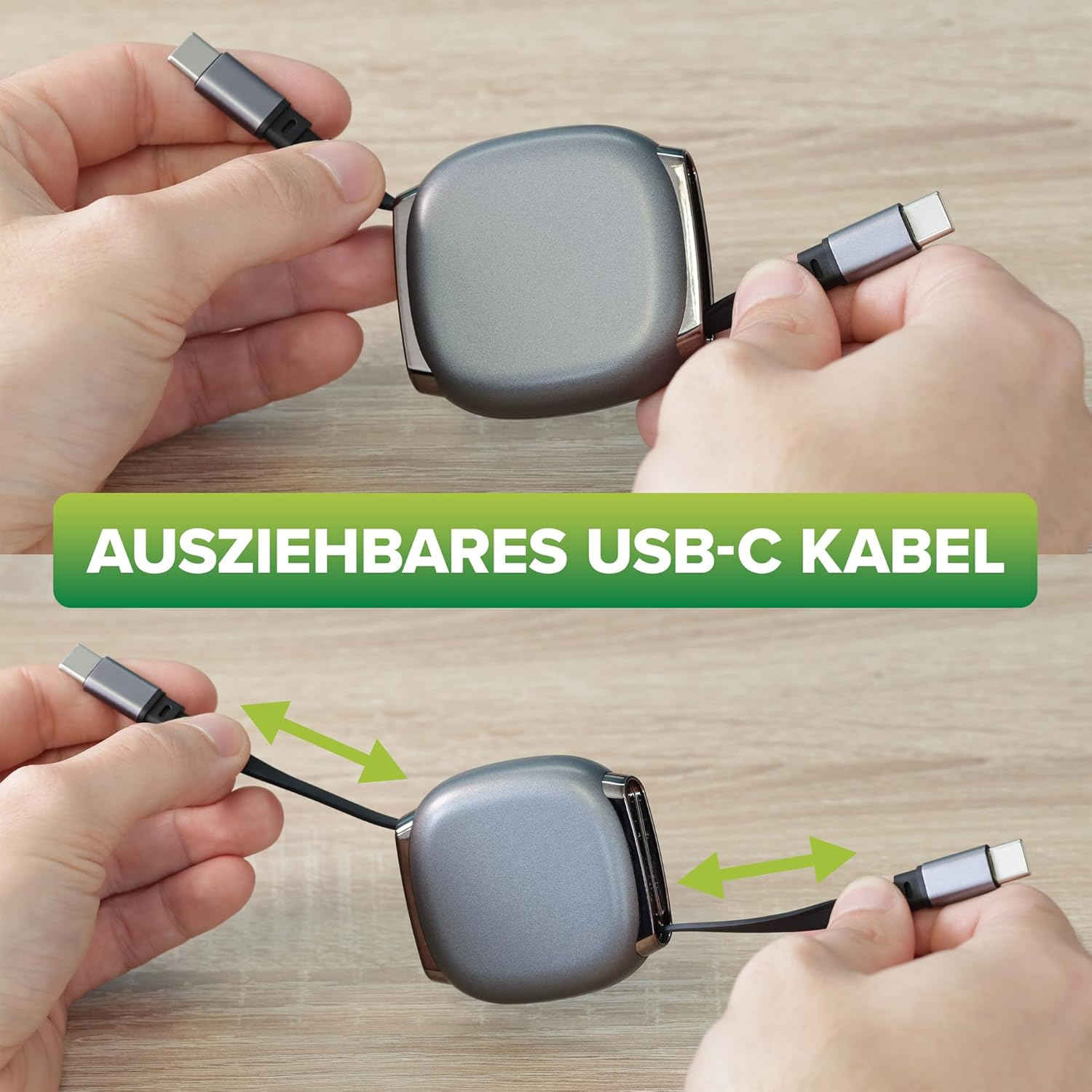 Hände ziehen ein graues USB-C-Kabel aus einem ausziehbaren Gehäuse.