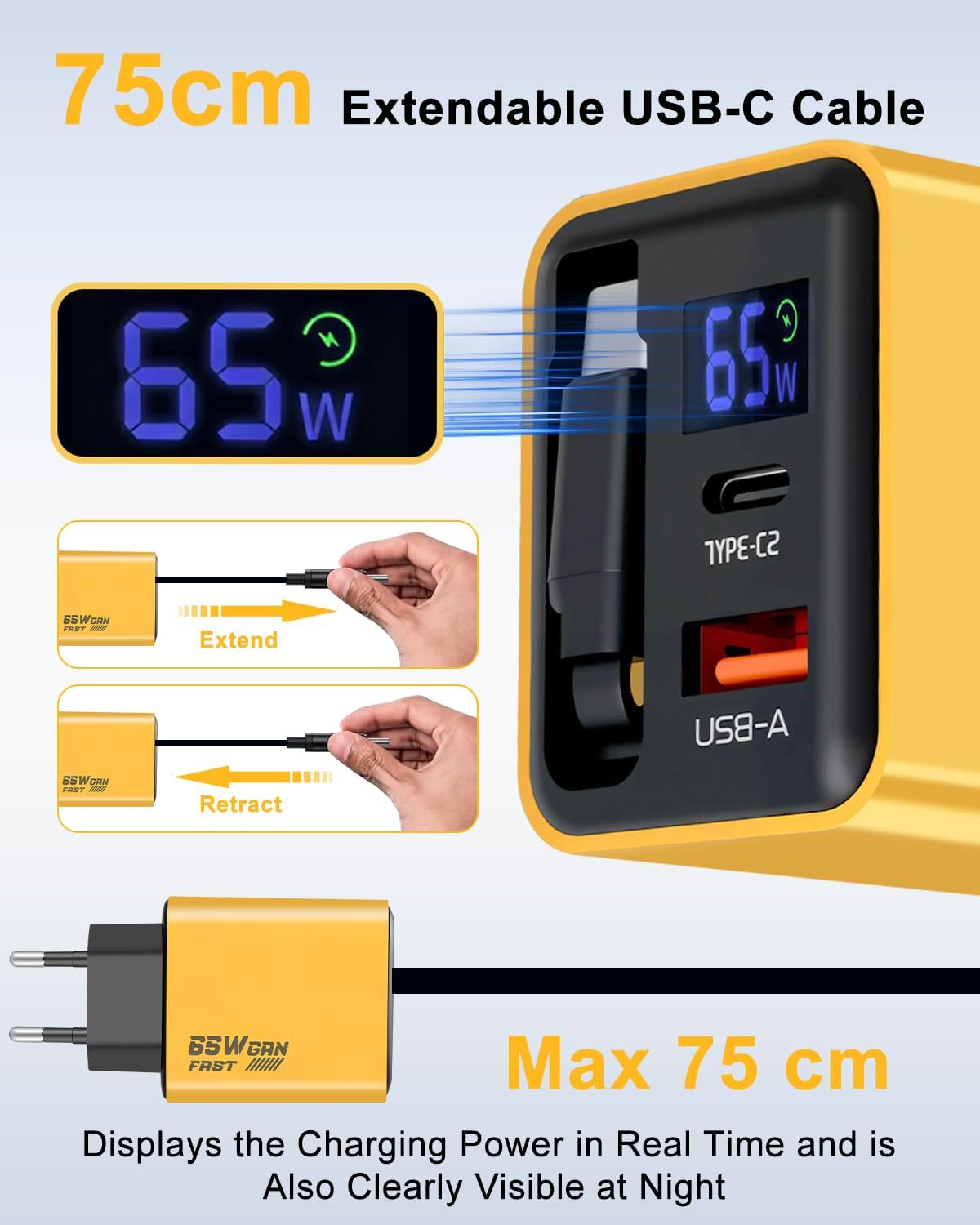 Gelbes USB-C Ladegerät mit 75cm ausziehbarem Kabel und digitaler Leistungsanzeige.