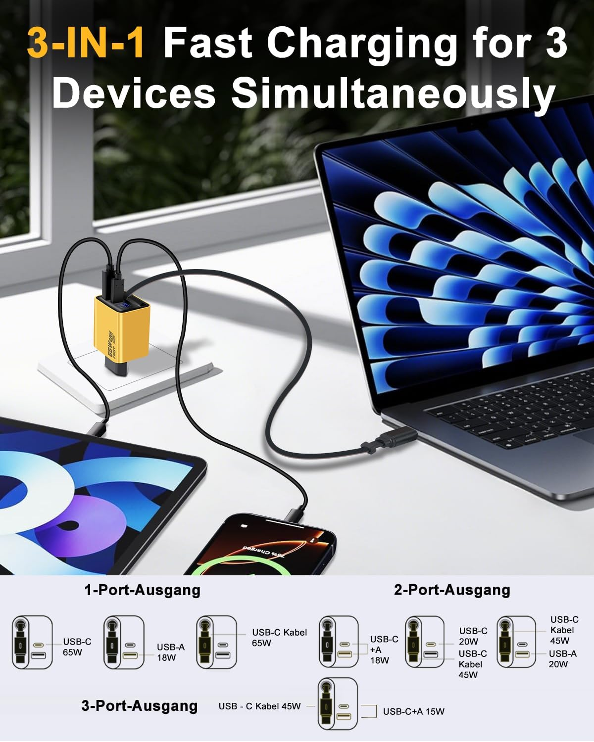 Ein gelber 3-in-1-Schnellladegerät lädt Laptop, Tablet und Smartphone.